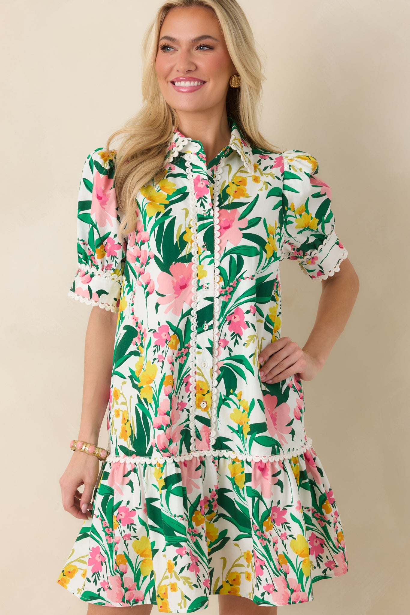 Prosperina Rayne Green & Pink Multi Floral Cotton Mini Dress