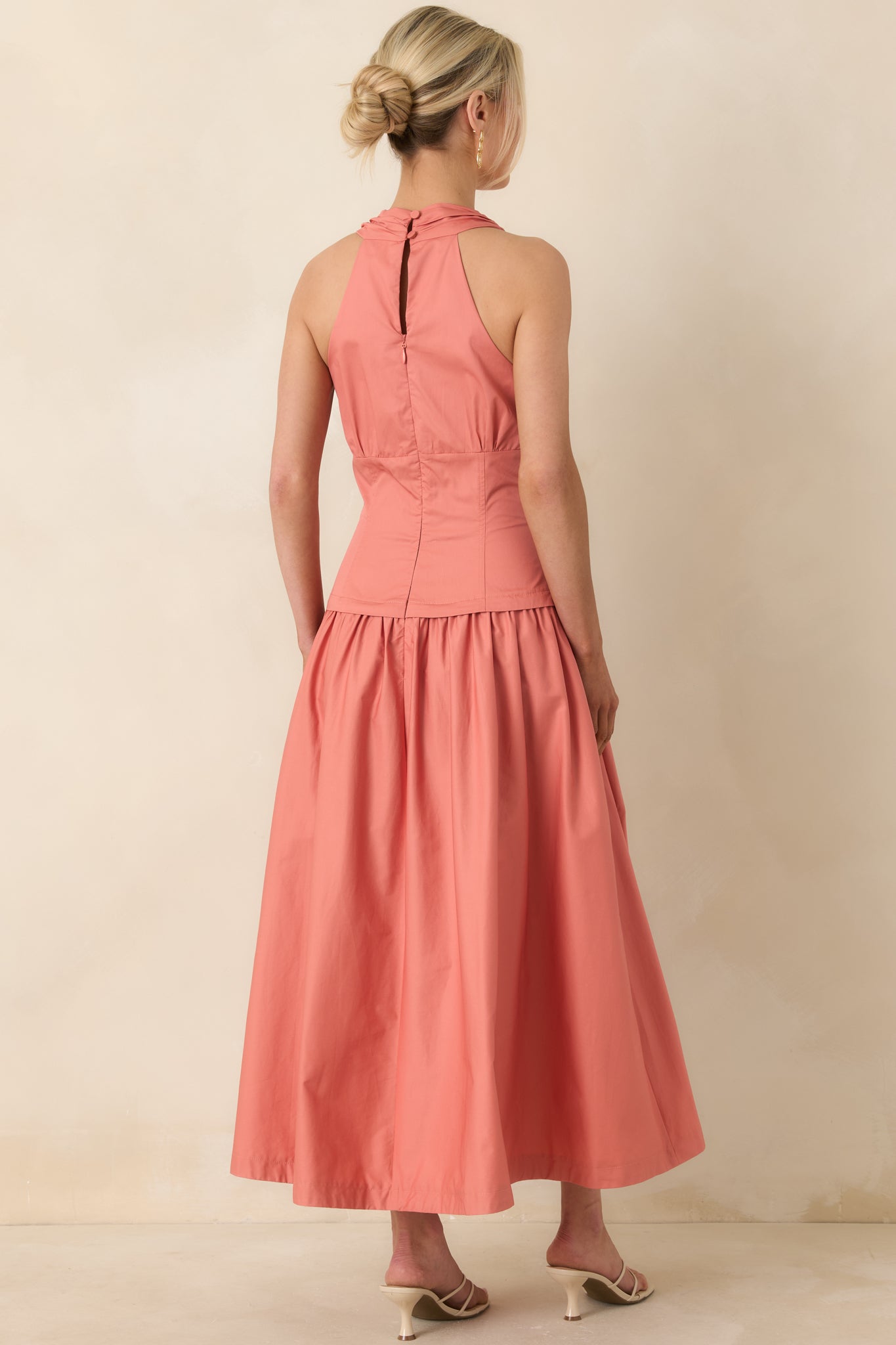 In the Warm Breeze Coral Orange Cotton Structured Bodice Sleeveless Midi Dress