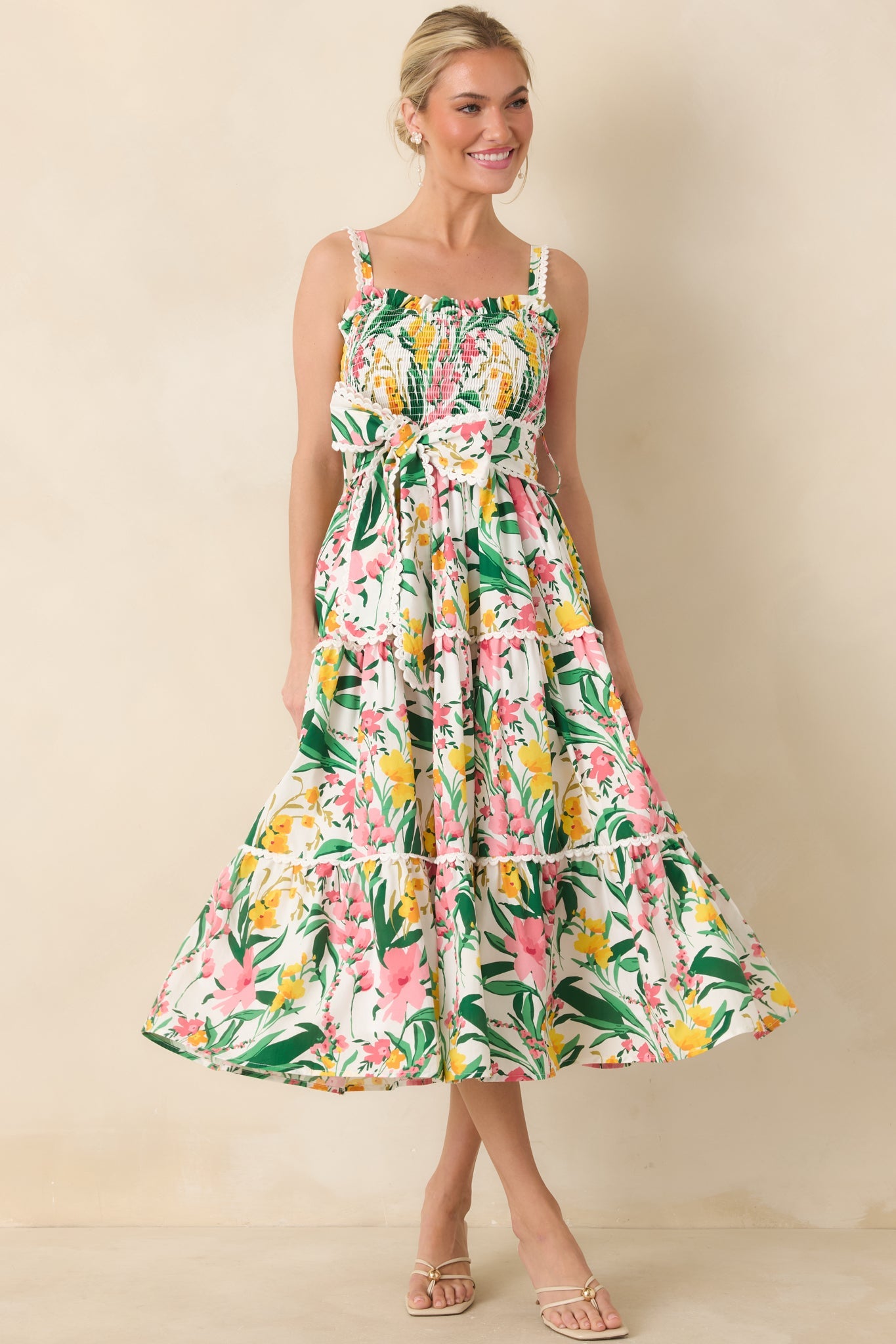 Prosperina Darcy Green & Pink Multi Floral Cotton Midi Dress