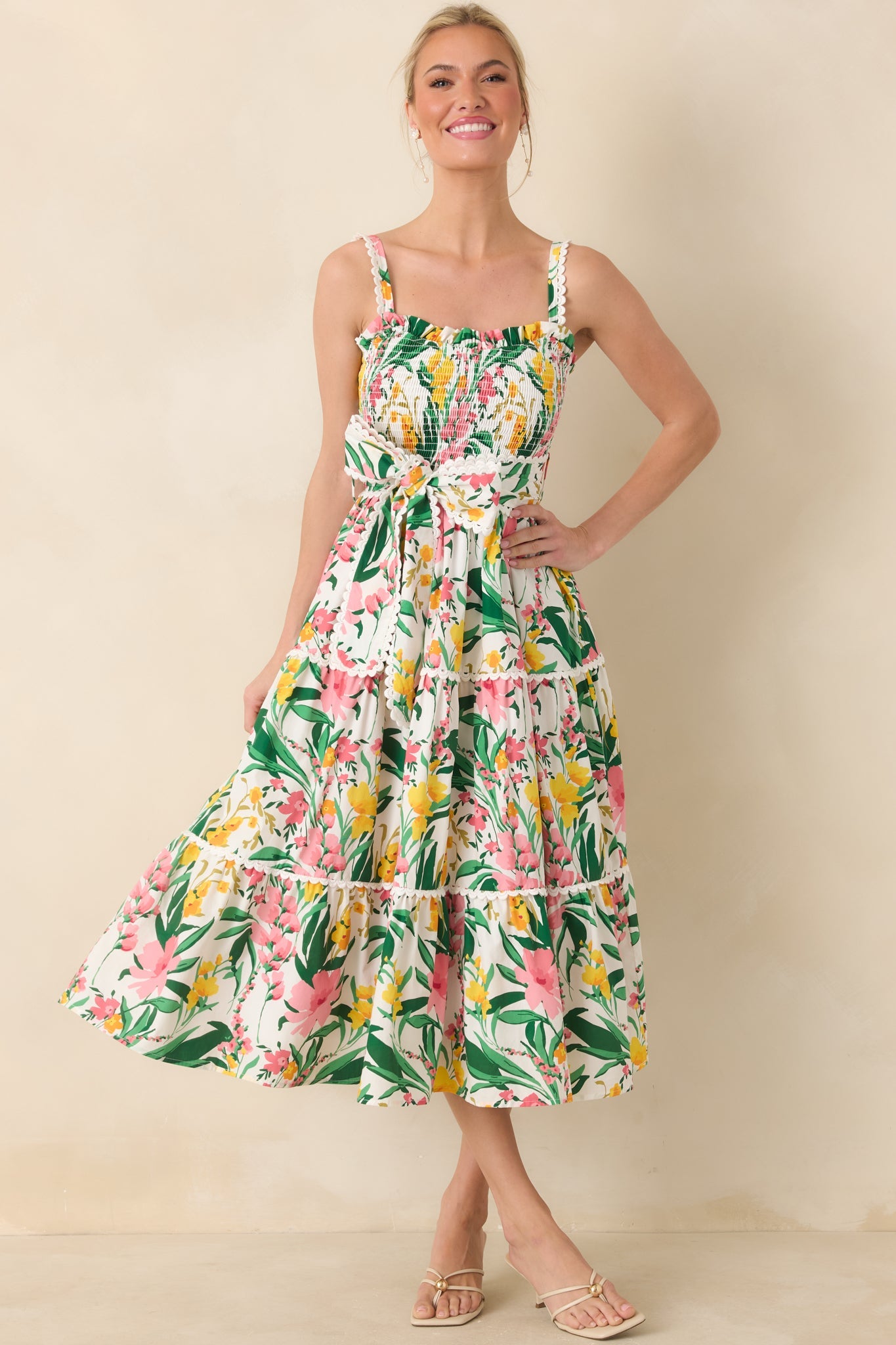 Prosperina Darcy Green & Pink Multi Floral Cotton Midi Dress