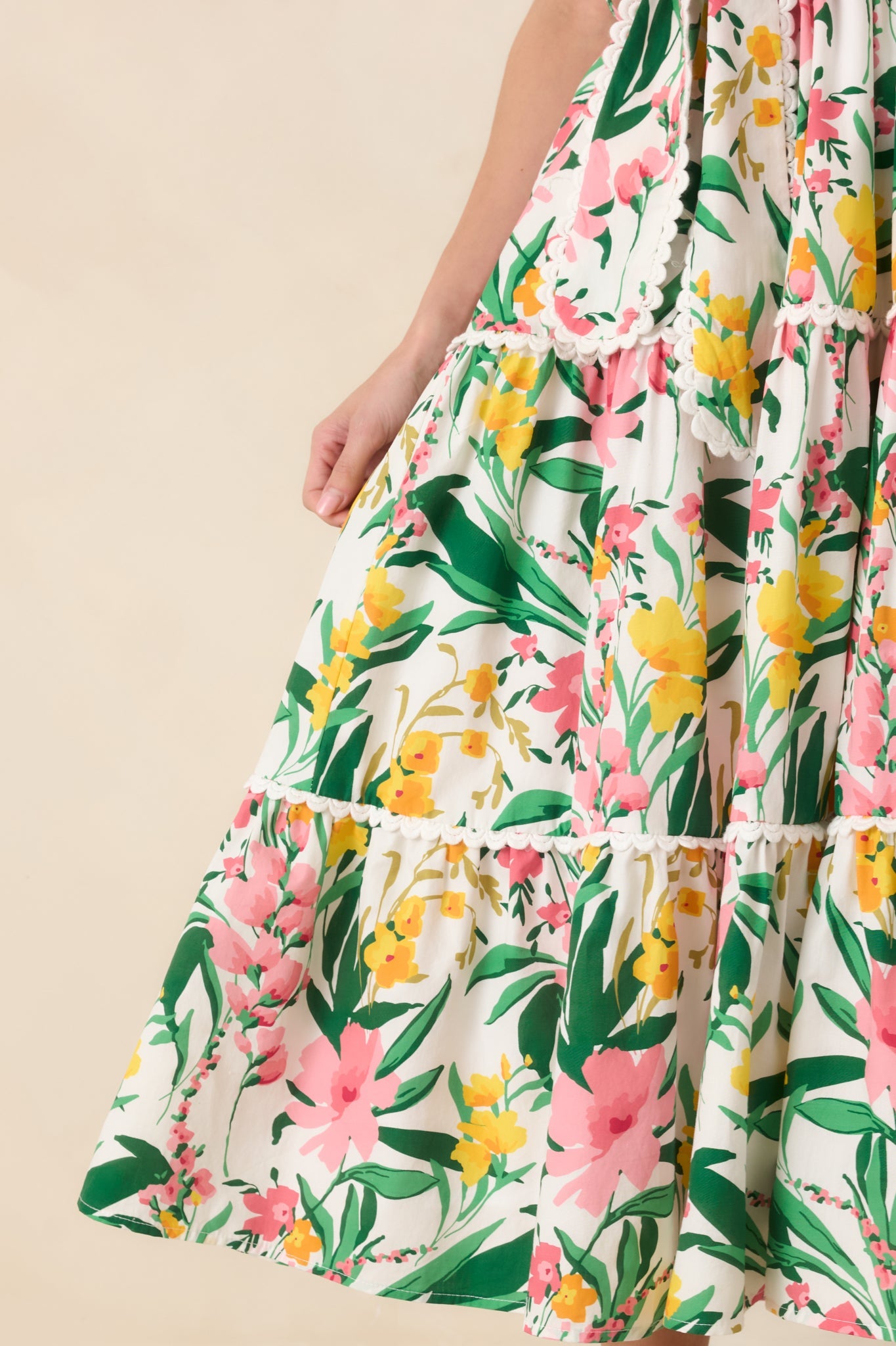 Prosperina Darcy Green & Pink Multi Floral Cotton Midi Dress