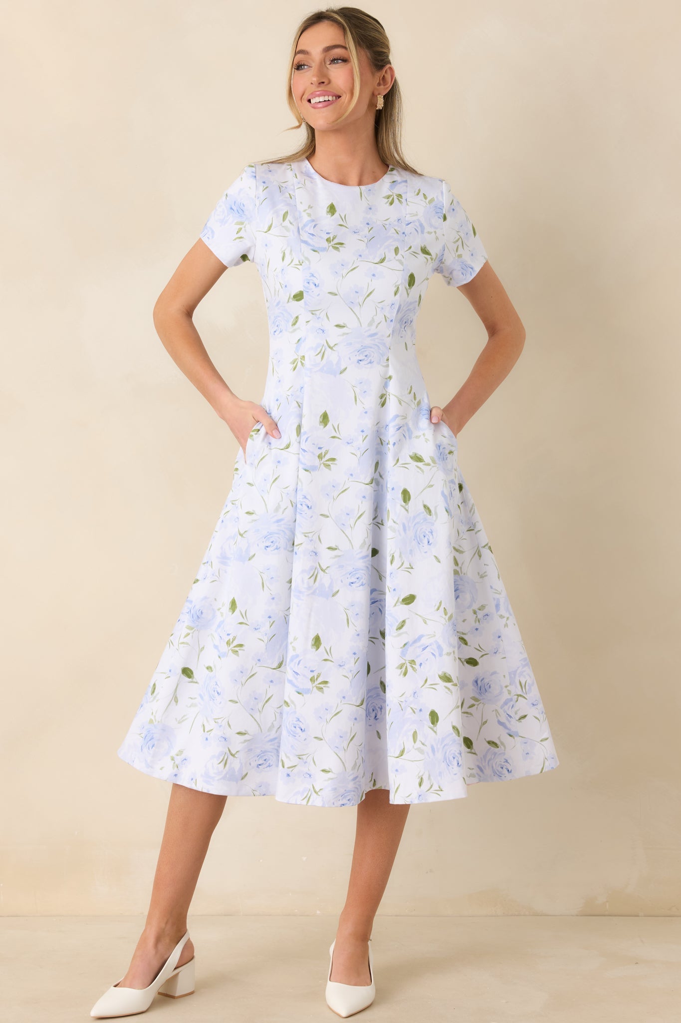 Prosperina Margot Blue & Pink Floral Cotton Reversible Midi Dress