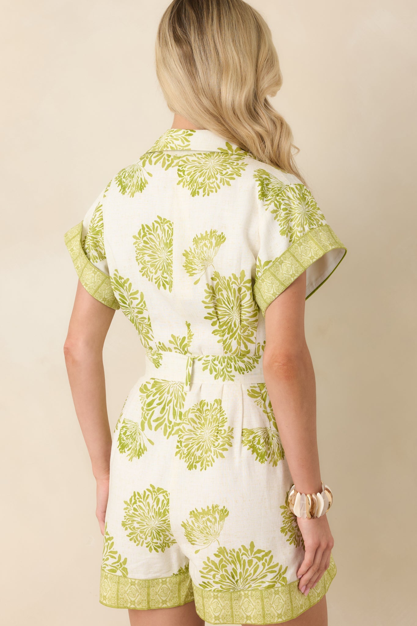 Aylaya Camila Ivory & Green Floral Print Belted Romper