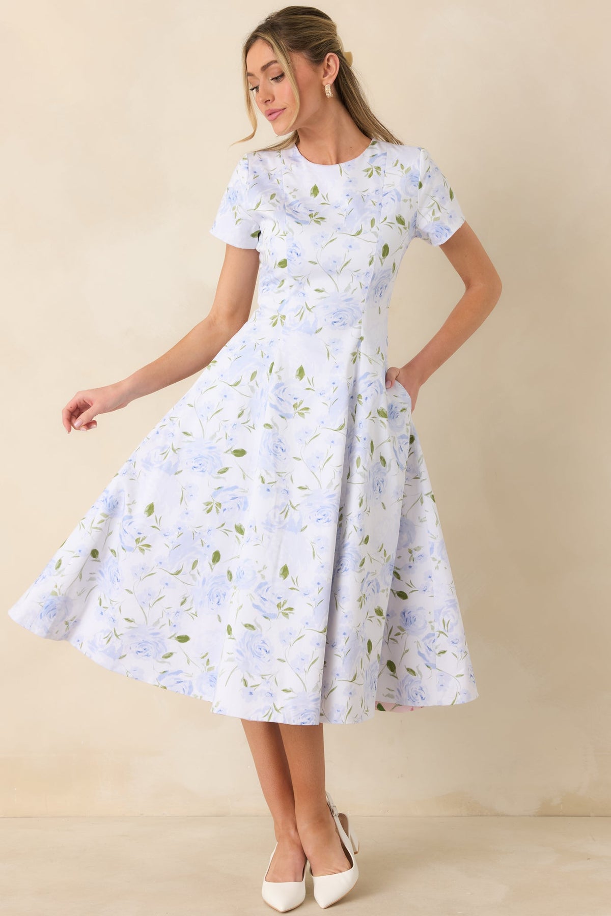 Prosperina Margot Blue & Pink Floral Cotton Reversible Midi Dress