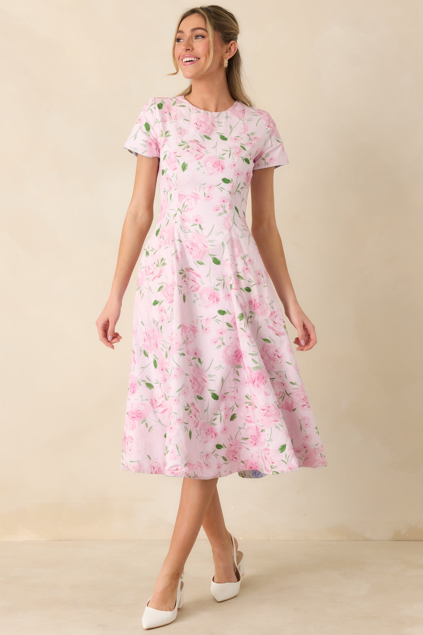 Prosperina Margot Blue & Pink Floral Cotton Reversible Midi Dress