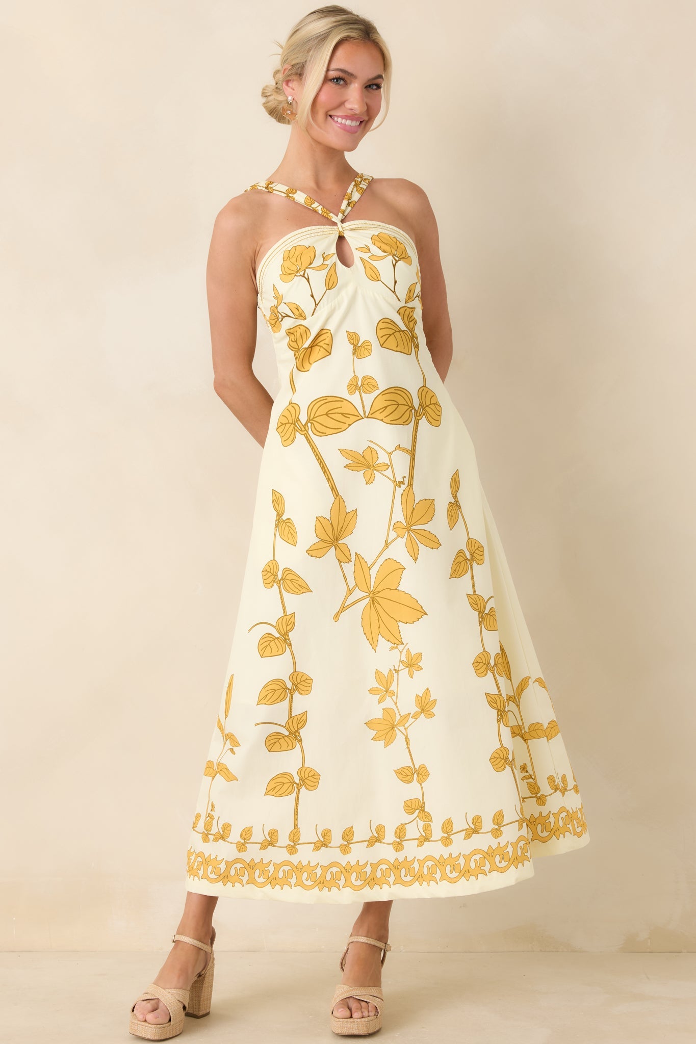 Aylaya Zoey Ivory & Honey Gold Floral Cotton Halter Neck Maxi Dress