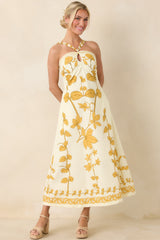Aylaya Zoey Ivory & Honey Gold Floral Cotton Halter Neck Maxi Dress