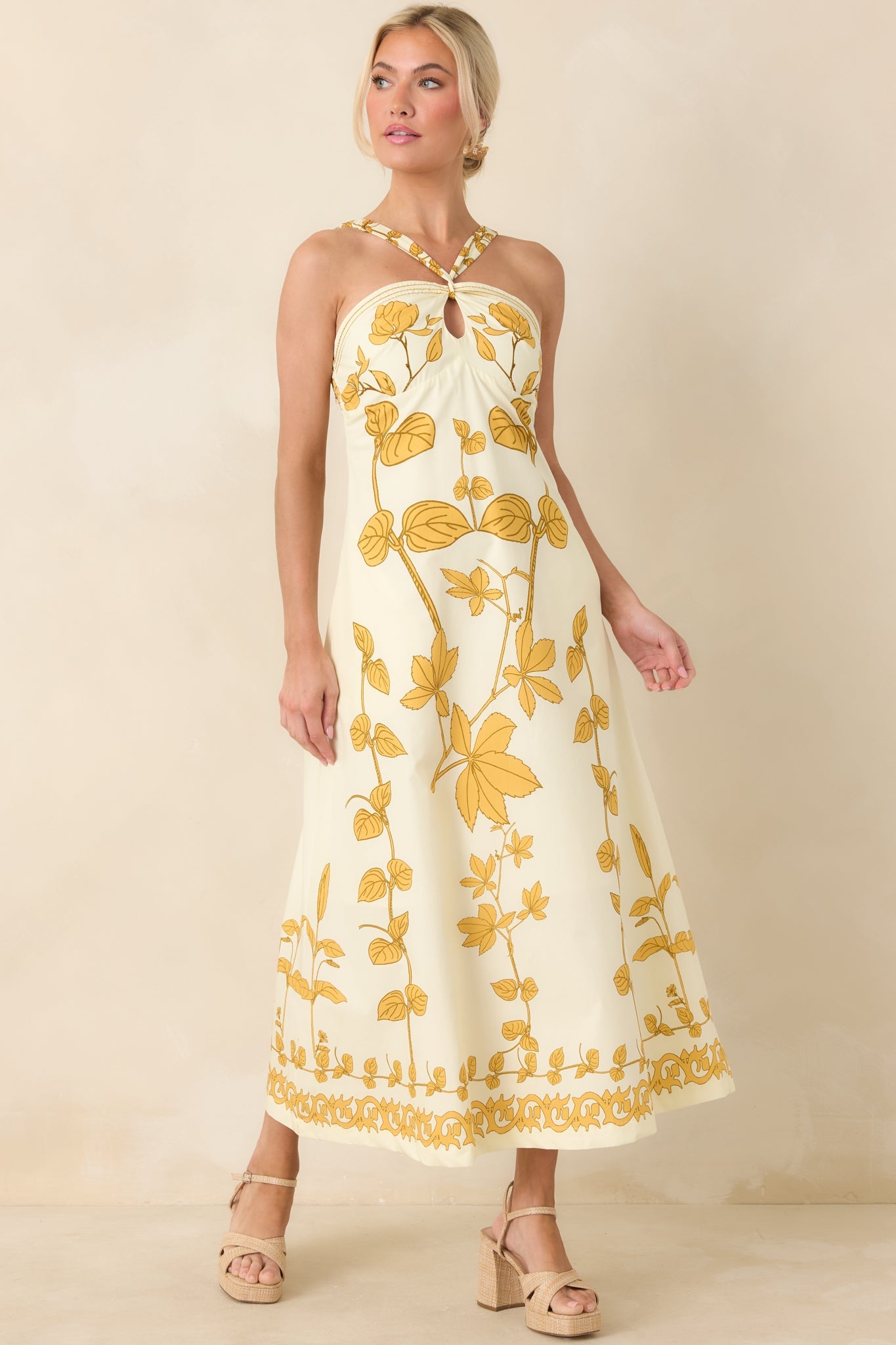 Aylaya Zoey Ivory & Honey Gold Floral Cotton Halter Neck Maxi Dress
