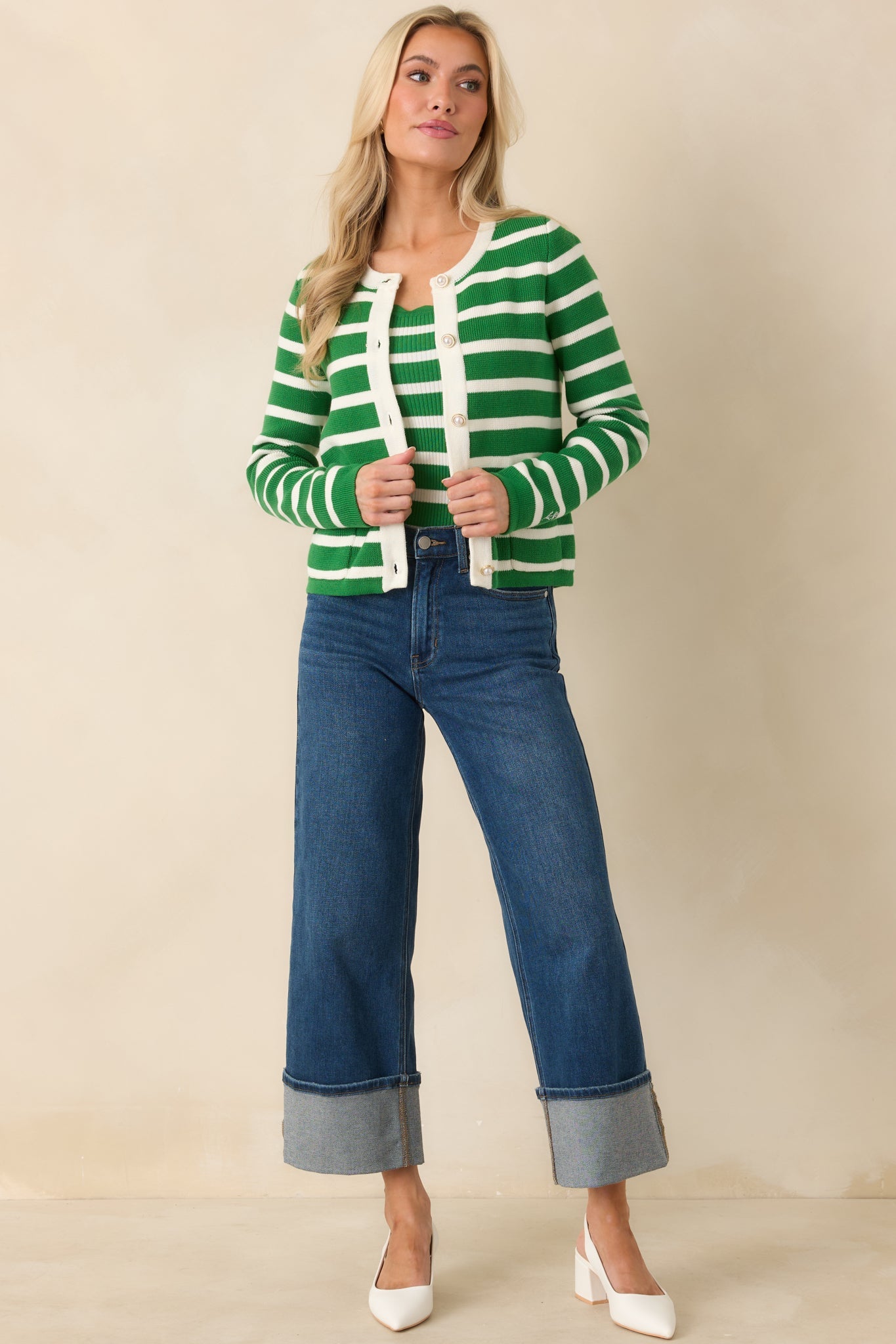 Prosperina Kennedy Kelly Green Stripe Cotton Cardigan