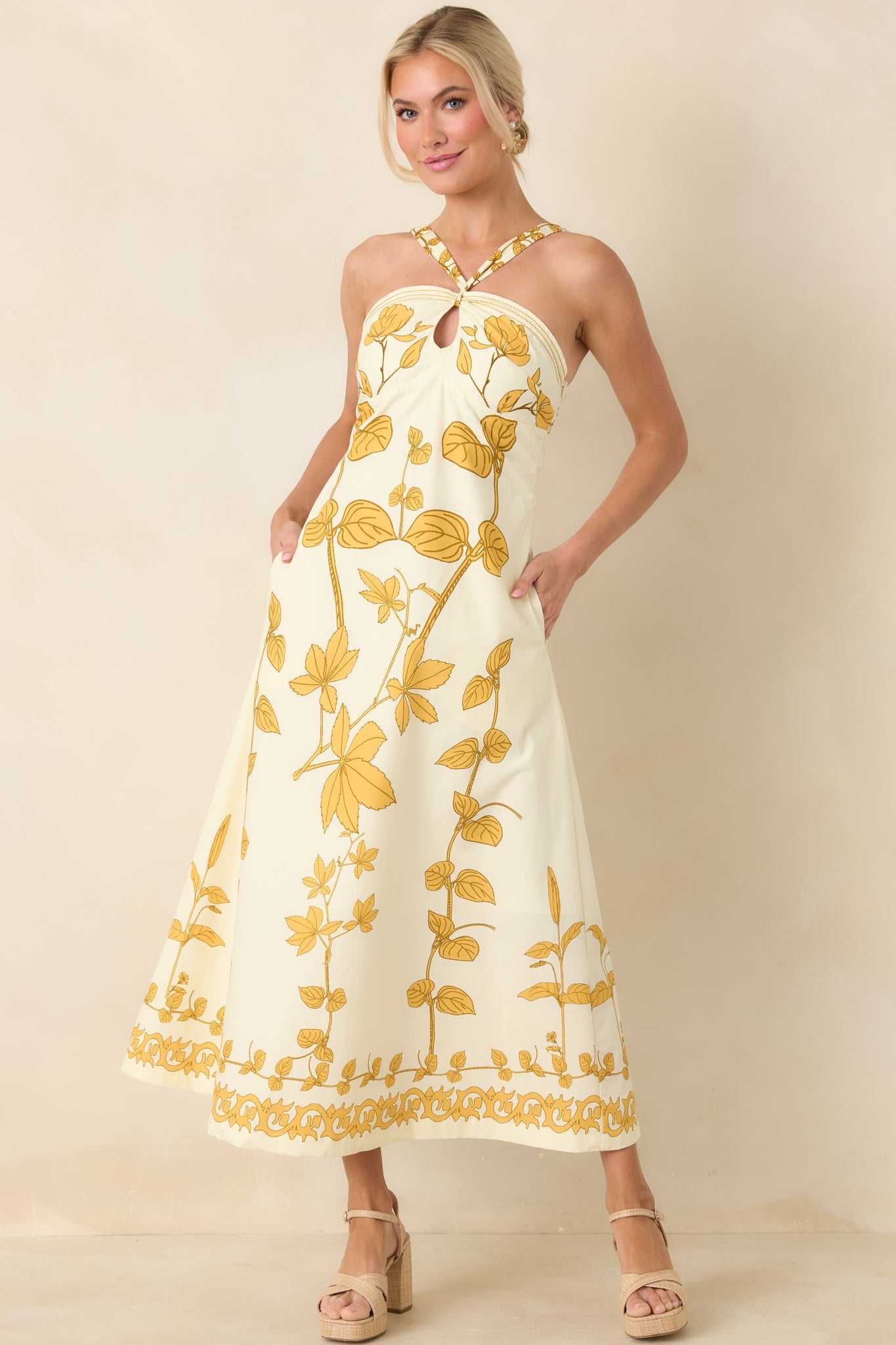 Aylaya Zoey Ivory & Honey Gold Floral Cotton Halter Neck Maxi Dress