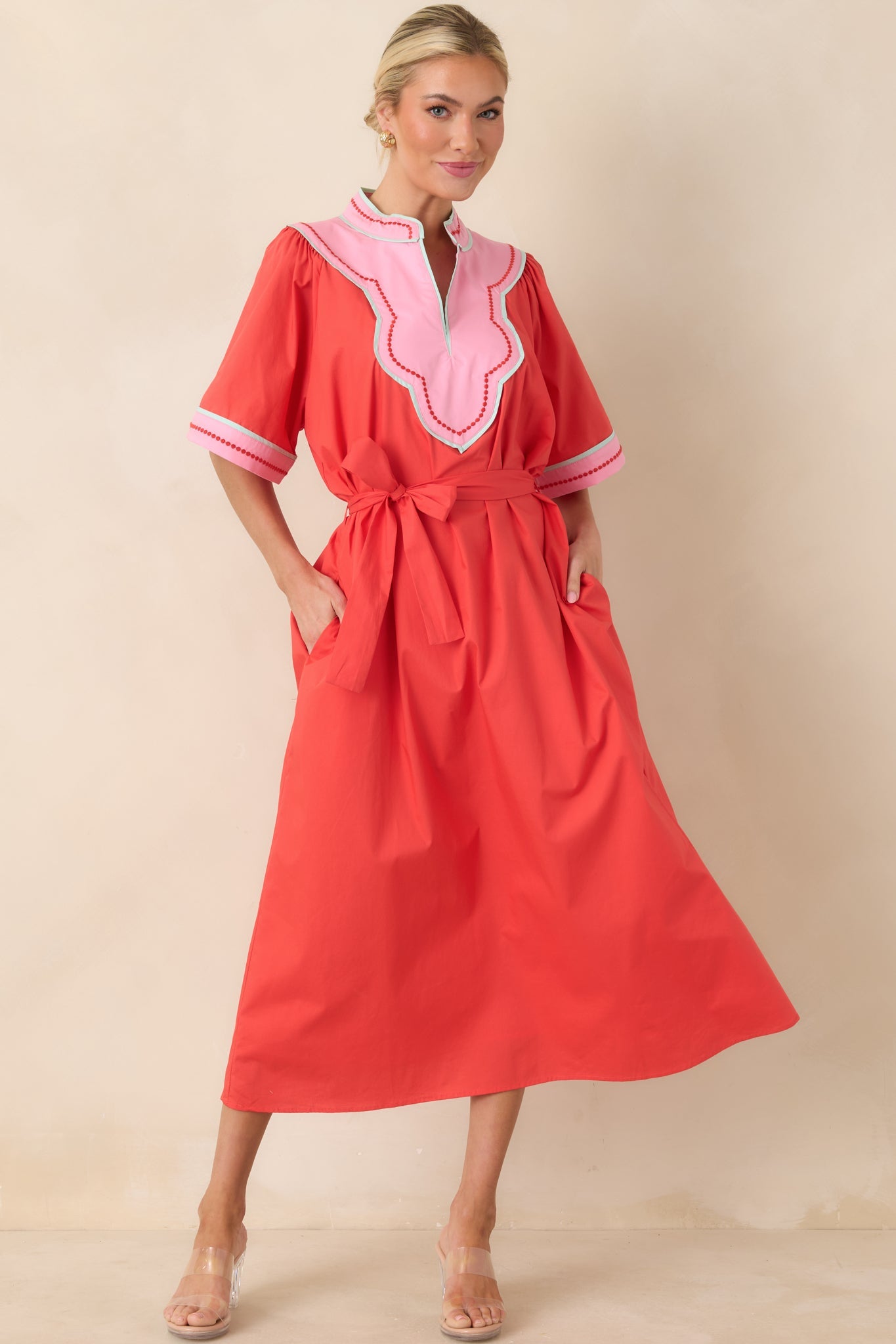 Living Out Loud Poppy Red & Pink Cotton V-Neck Midi Dress
