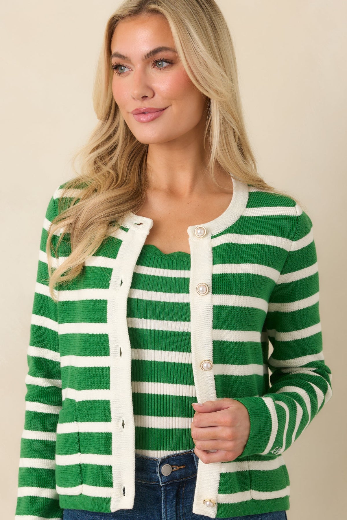Prosperina Kennedy Kelly Green Stripe Cotton Cardigan
