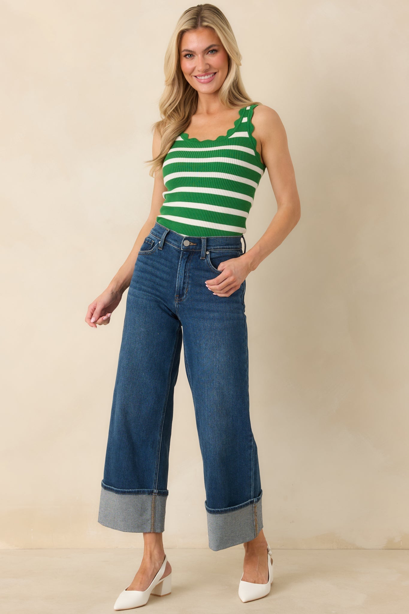 Prosperina Shay Kelly Green Stripe Scallop Cotton Tank