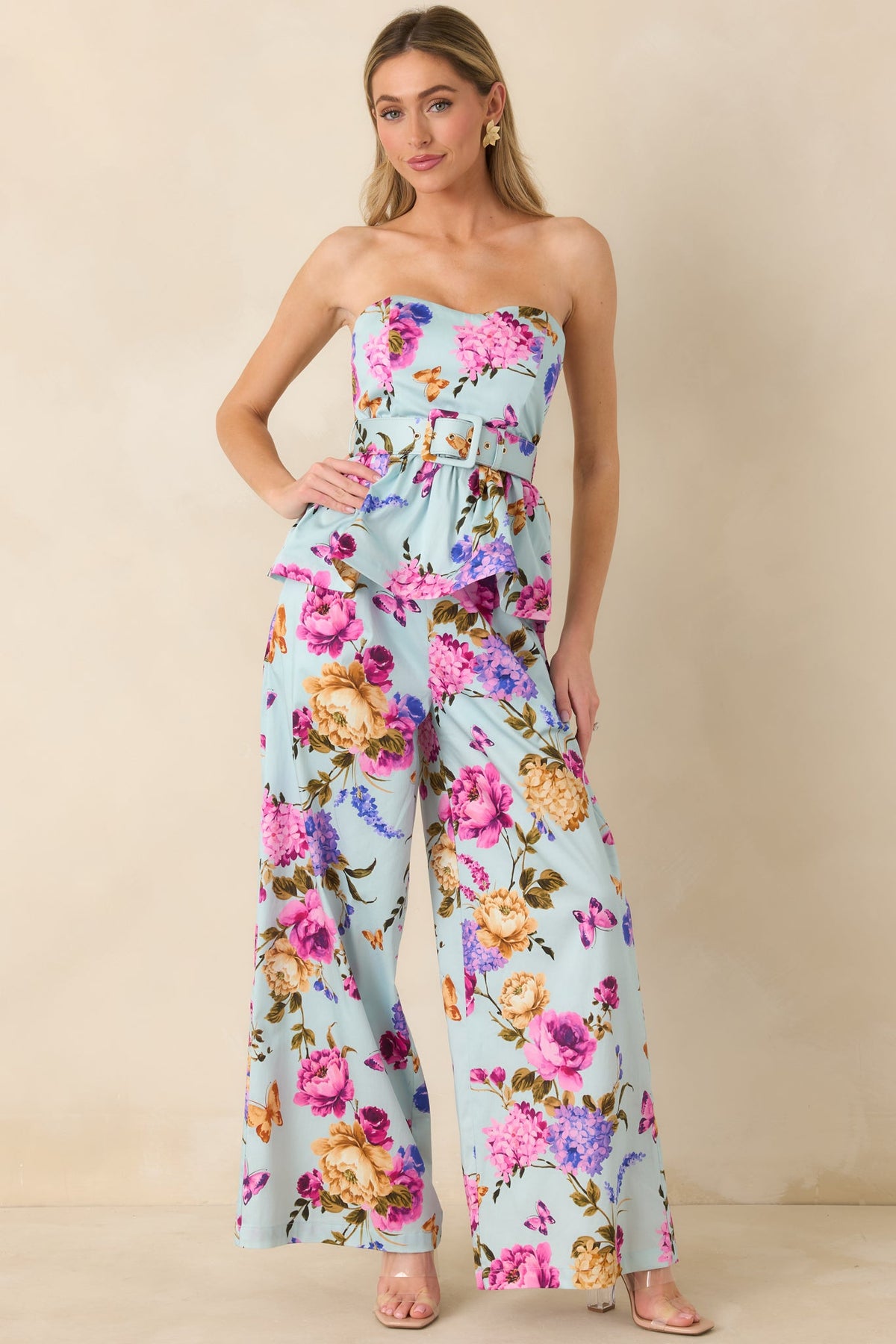 Prosperina Jamie Blue Multi Floral Cotton Strapless Peplum Top