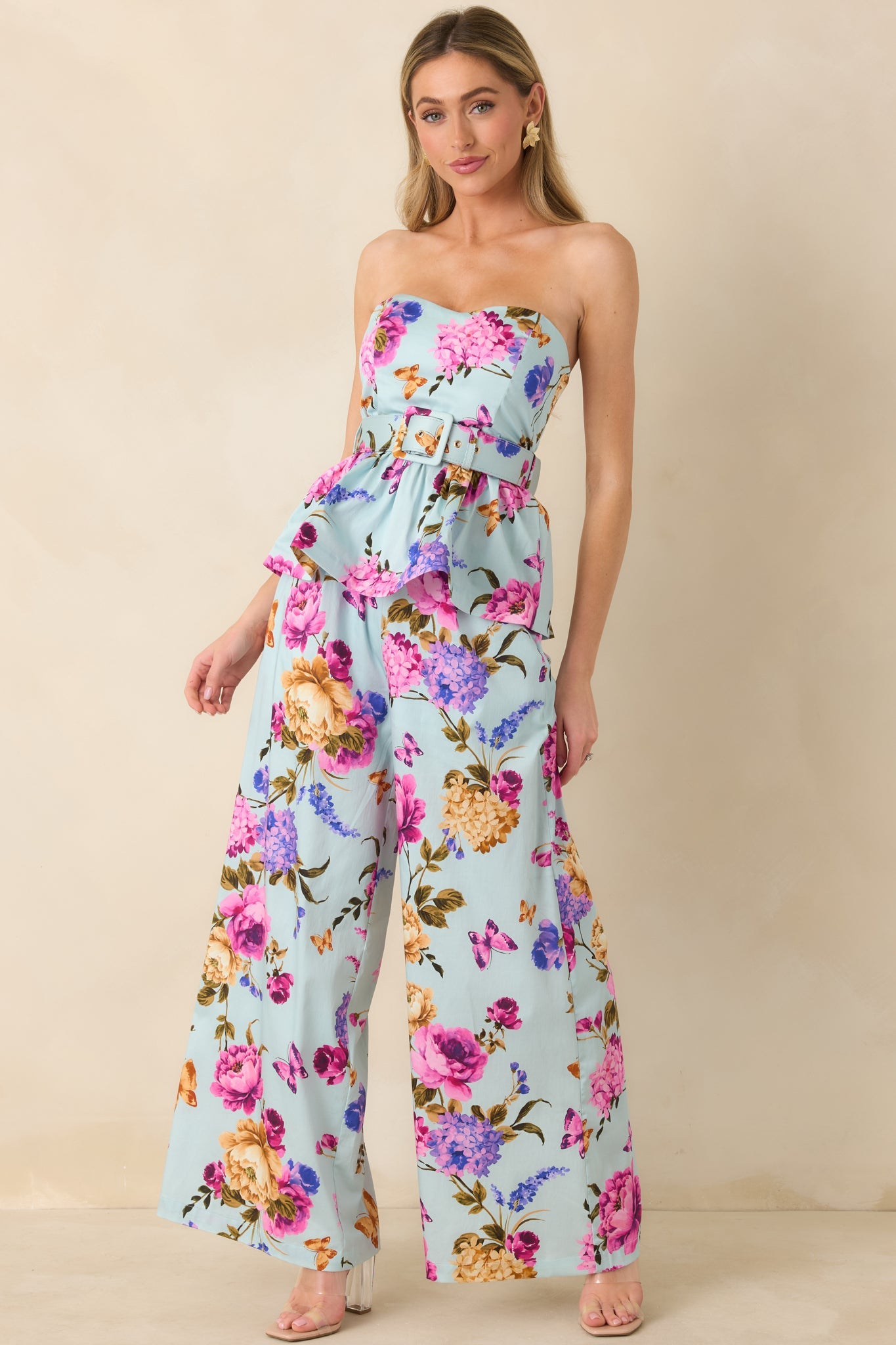 Prosperina Jamie Blue Multi Floral Cotton Strapless Peplum Top