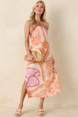 Aylaya Orange Multi Ornate Medallion Print Halter Neck Midi Dress