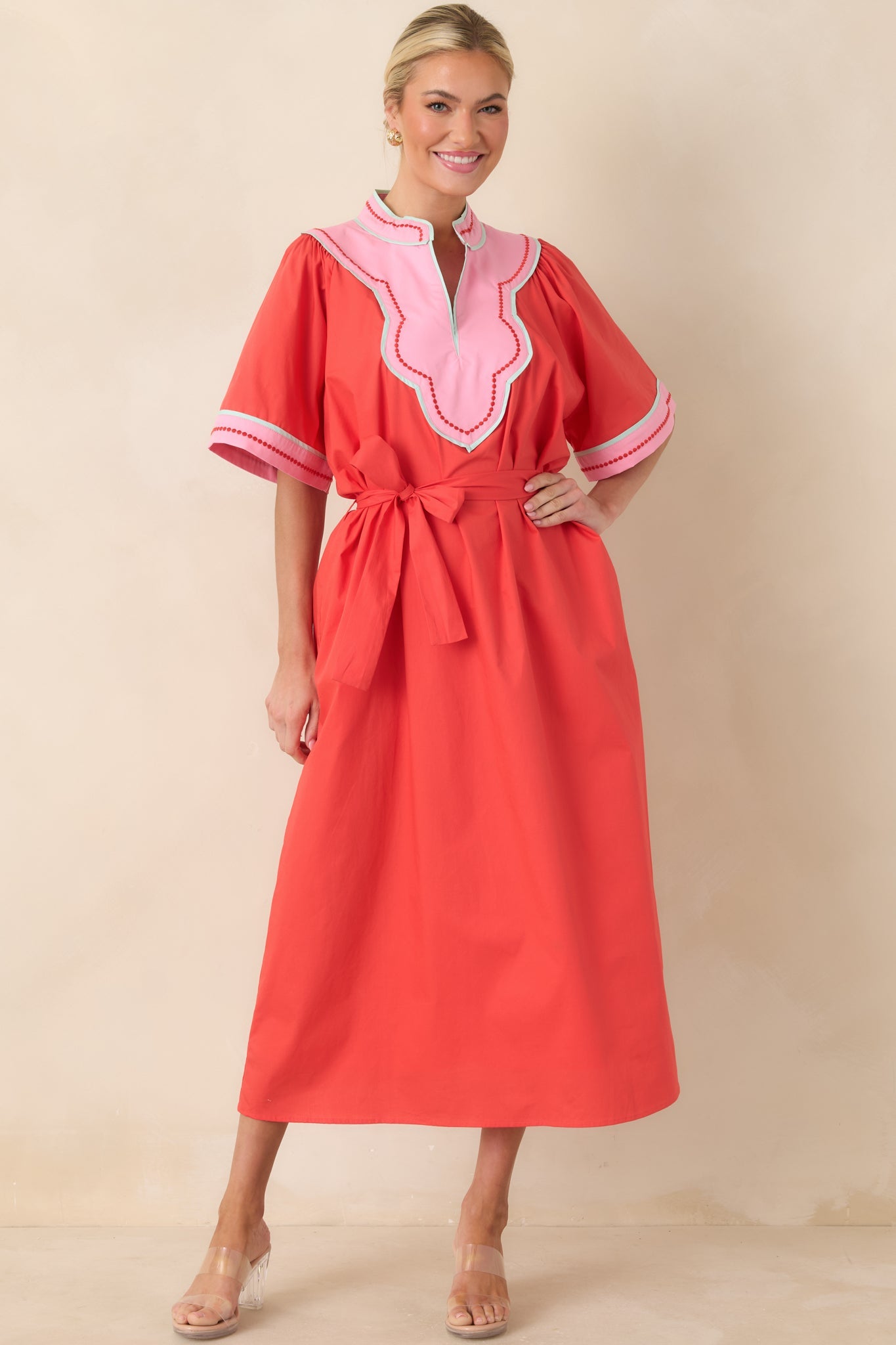 Living Out Loud Poppy Red & Pink Cotton V-Neck Midi Dress