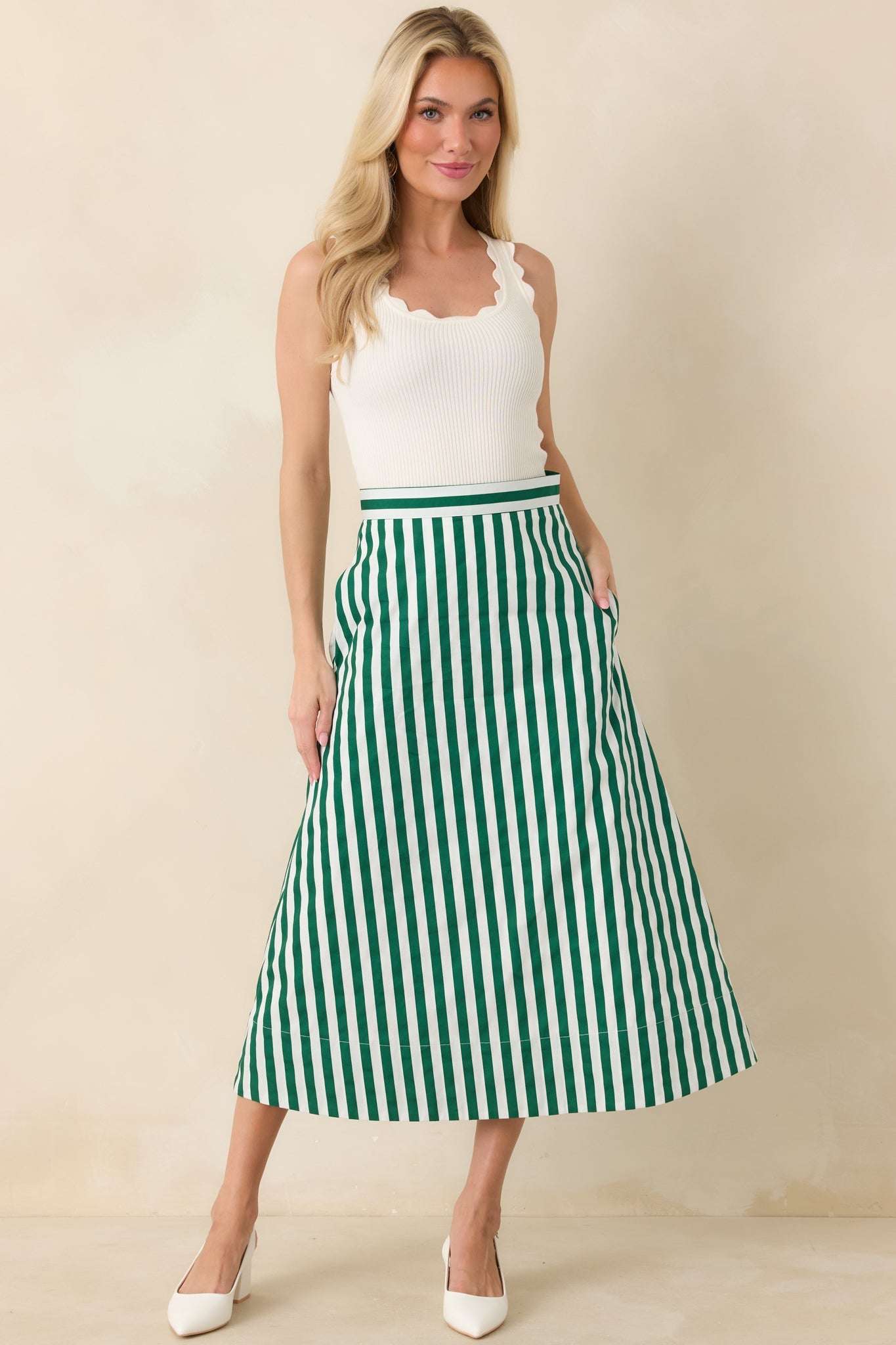 Prosperina Opal Green Stripe Cotton Midi Skirt