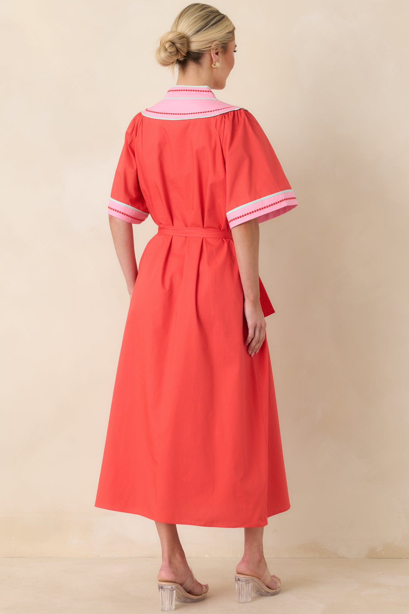 Living Out Loud Poppy Red & Pink Cotton V-Neck Midi Dress