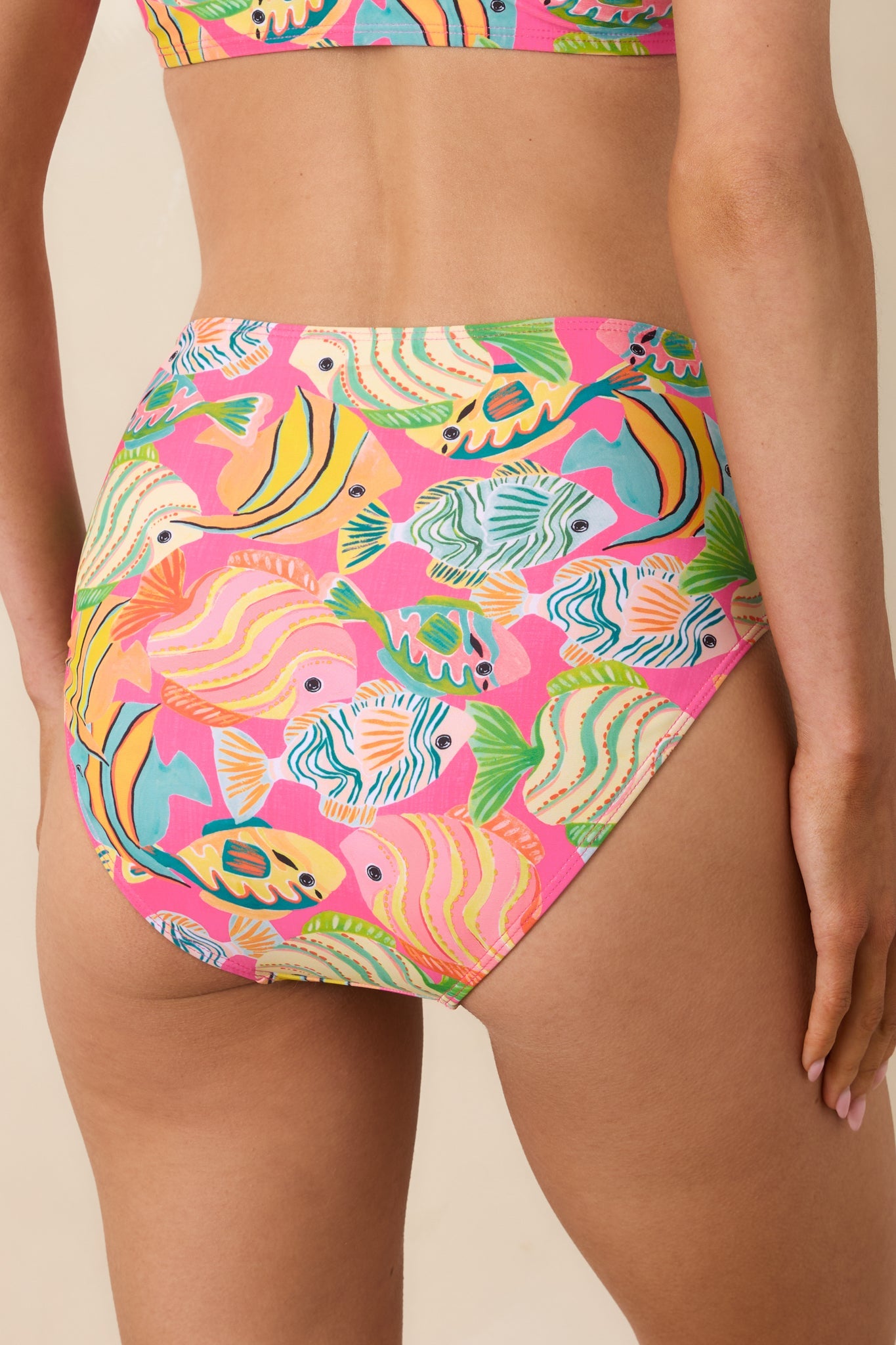 Paradisa Breezie Pink Multi Fish Print High Waisted Bikini Bottoms