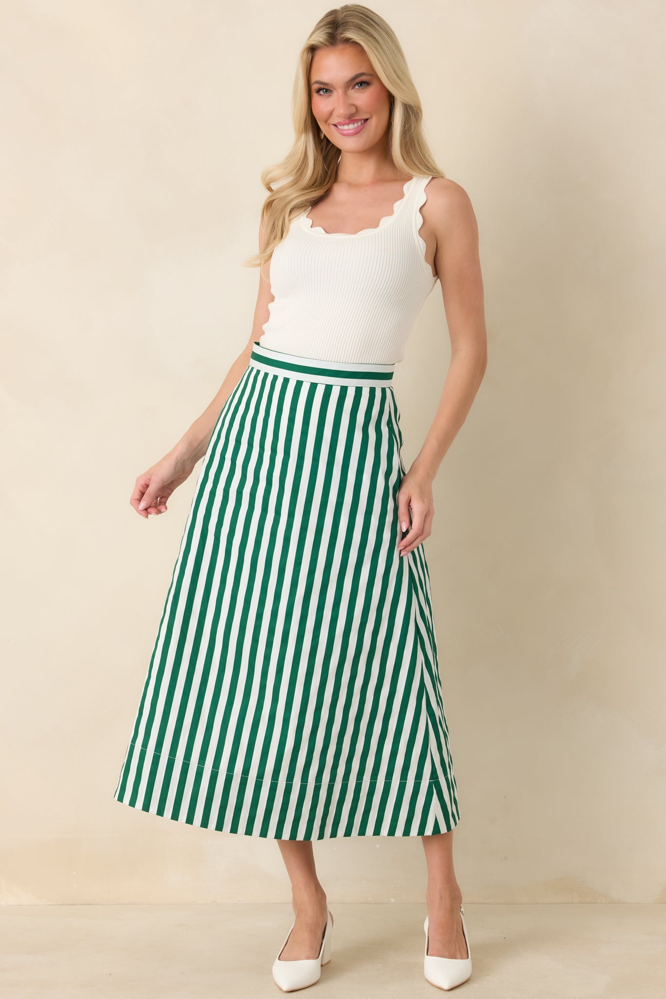 Prosperina Opal Green Stripe Cotton Midi Skirt