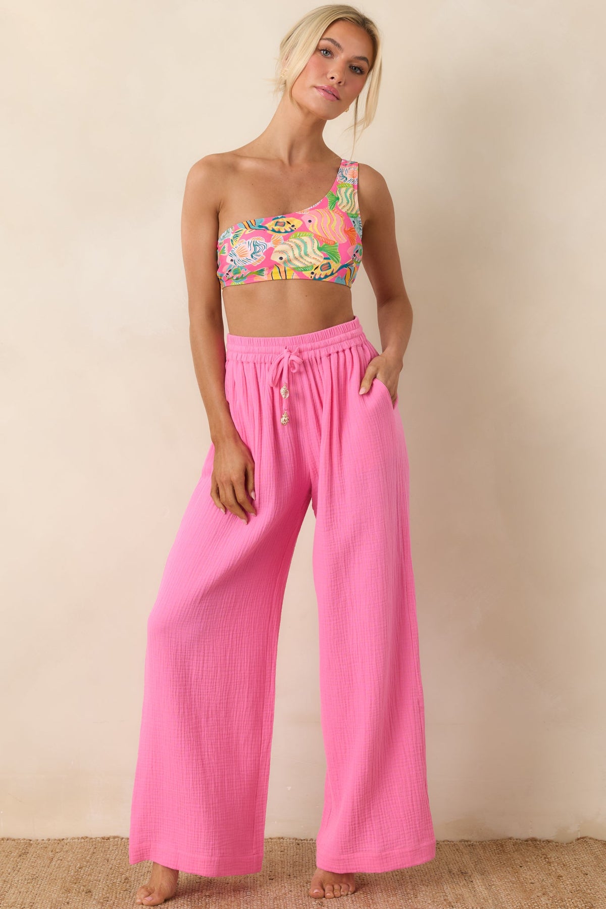 Paradisa Dunedin Pink Cotton Wide Leg Drawstring Pants
