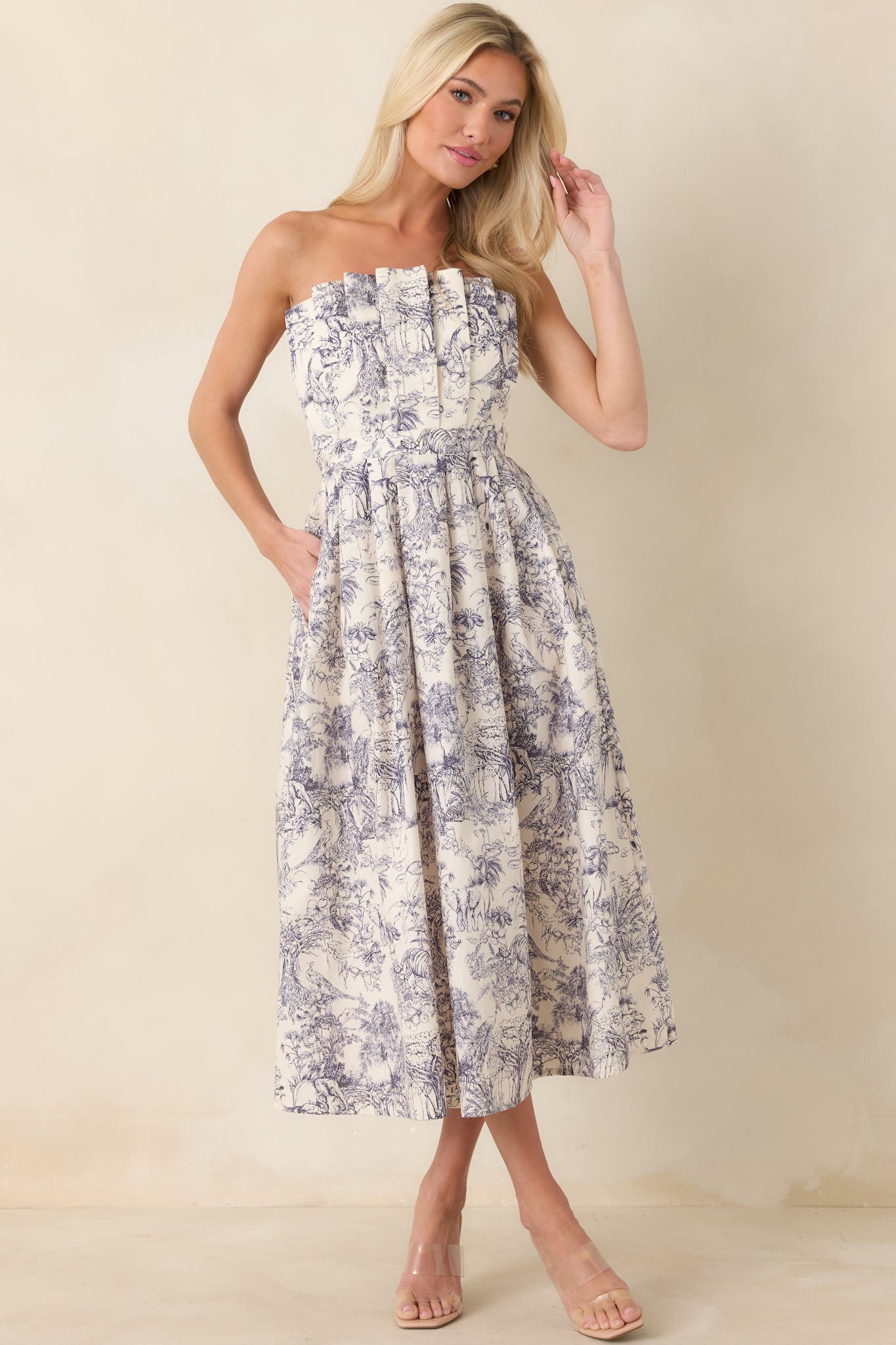 The Genevieve Cotton Navy Blue Toile Strapless Midi Dress