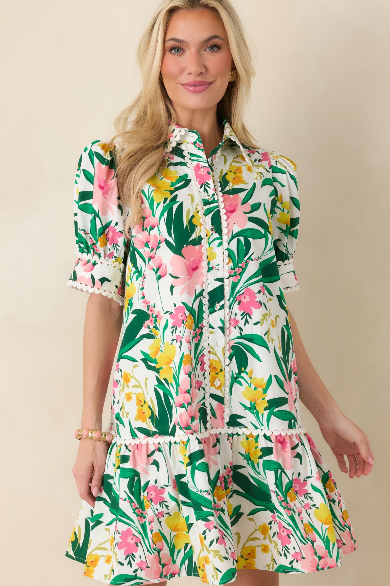 Prosperina Rayne Green & Pink Multi Floral Cotton Mini Dress