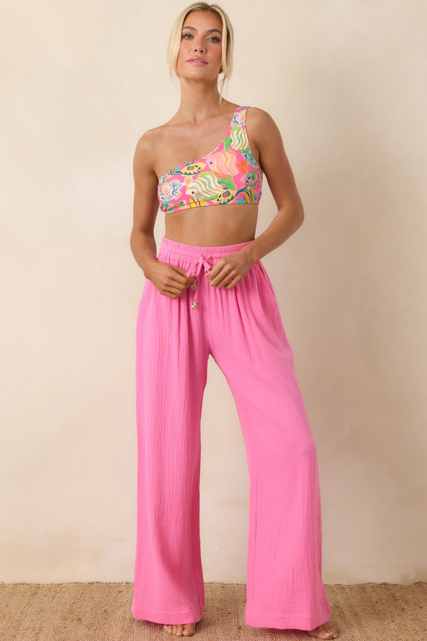 Paradisa Breezie Pink Multi Fish Print One-Shoulder Bikini Top