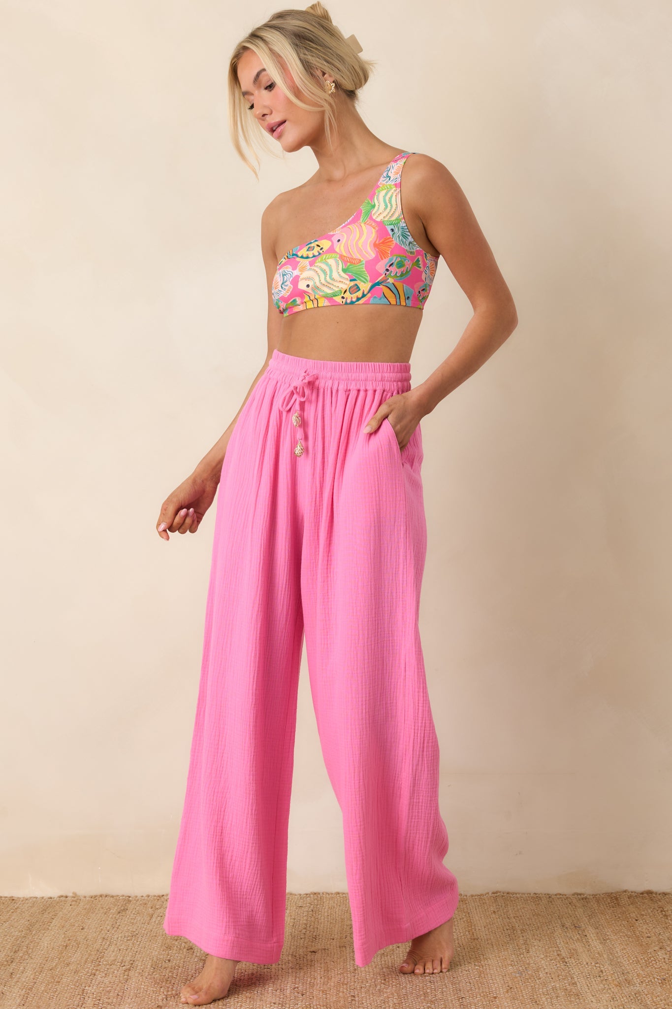 Paradisa Dunedin Pink Cotton Wide Leg Drawstring Pants