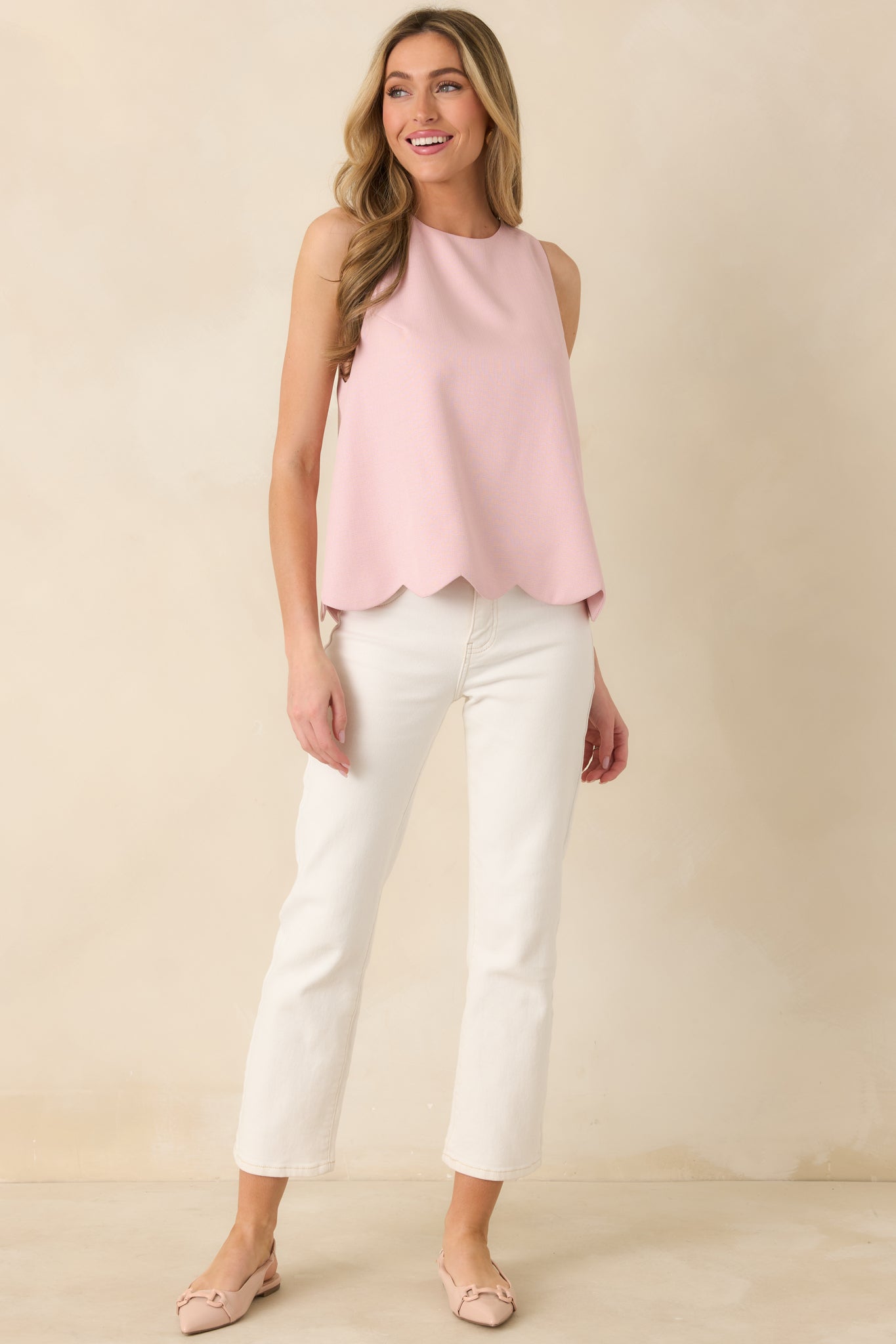 Prosperina Whitney Light Pink Scalloped Edge Sleeveless Top