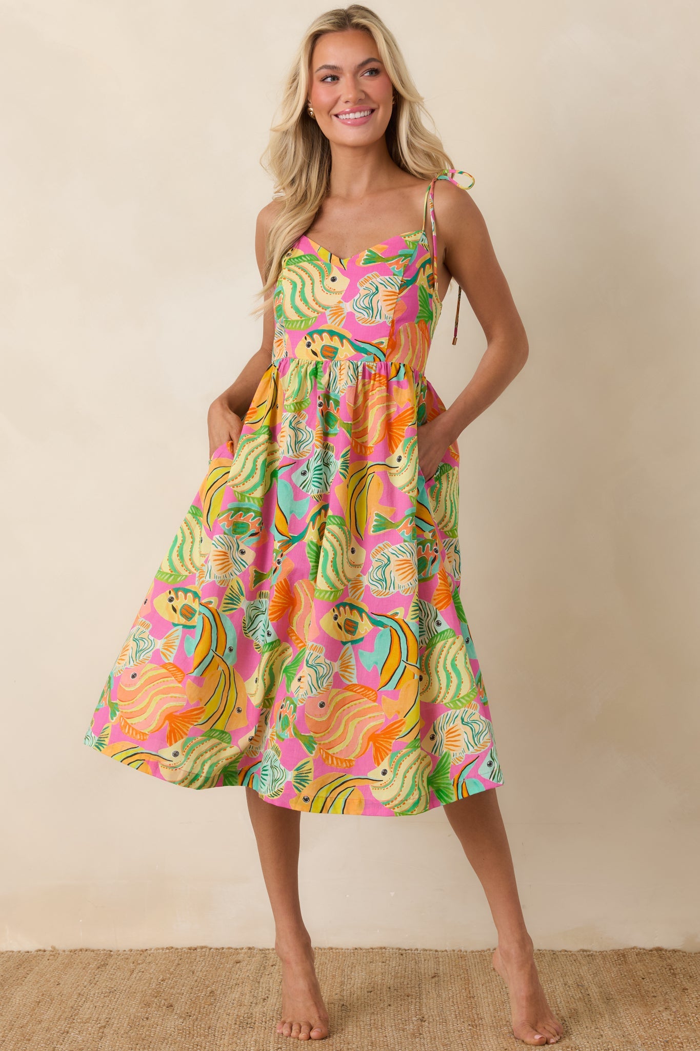 Paradisa Edgewater Pink Multi Cotton Fish Print Midi Dress