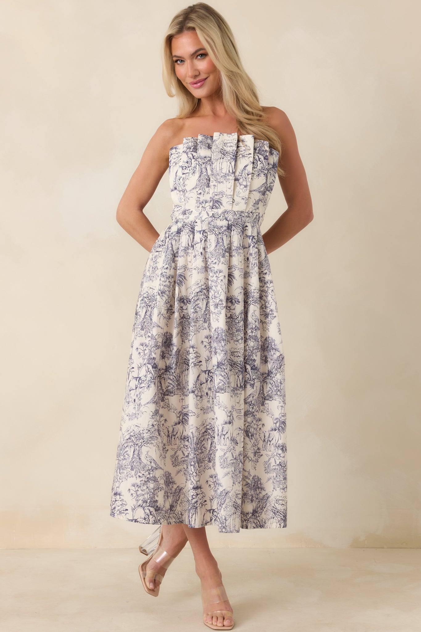 The Genevieve Cotton Navy Blue Toile Strapless Midi Dress