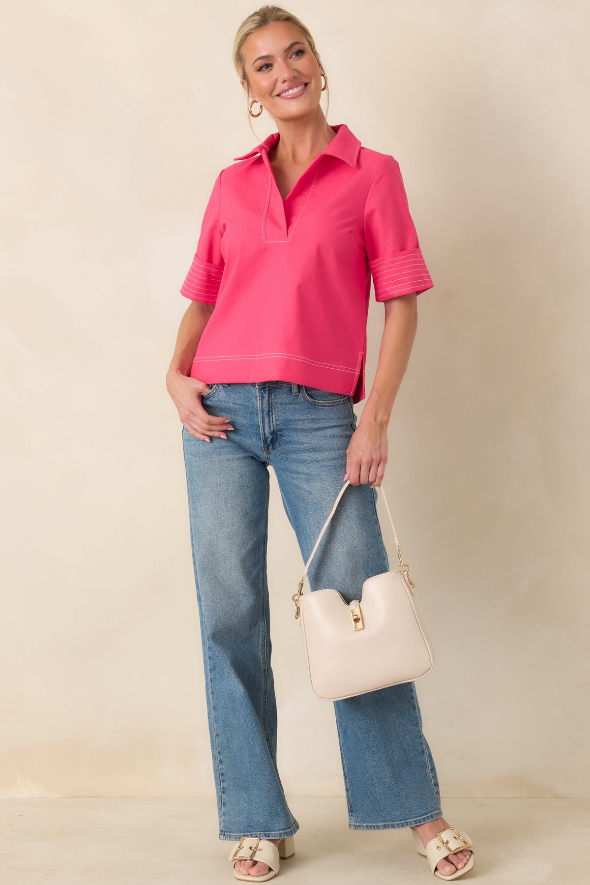 Color Me Confident Hot Pink Linen Blend V-Neck Top