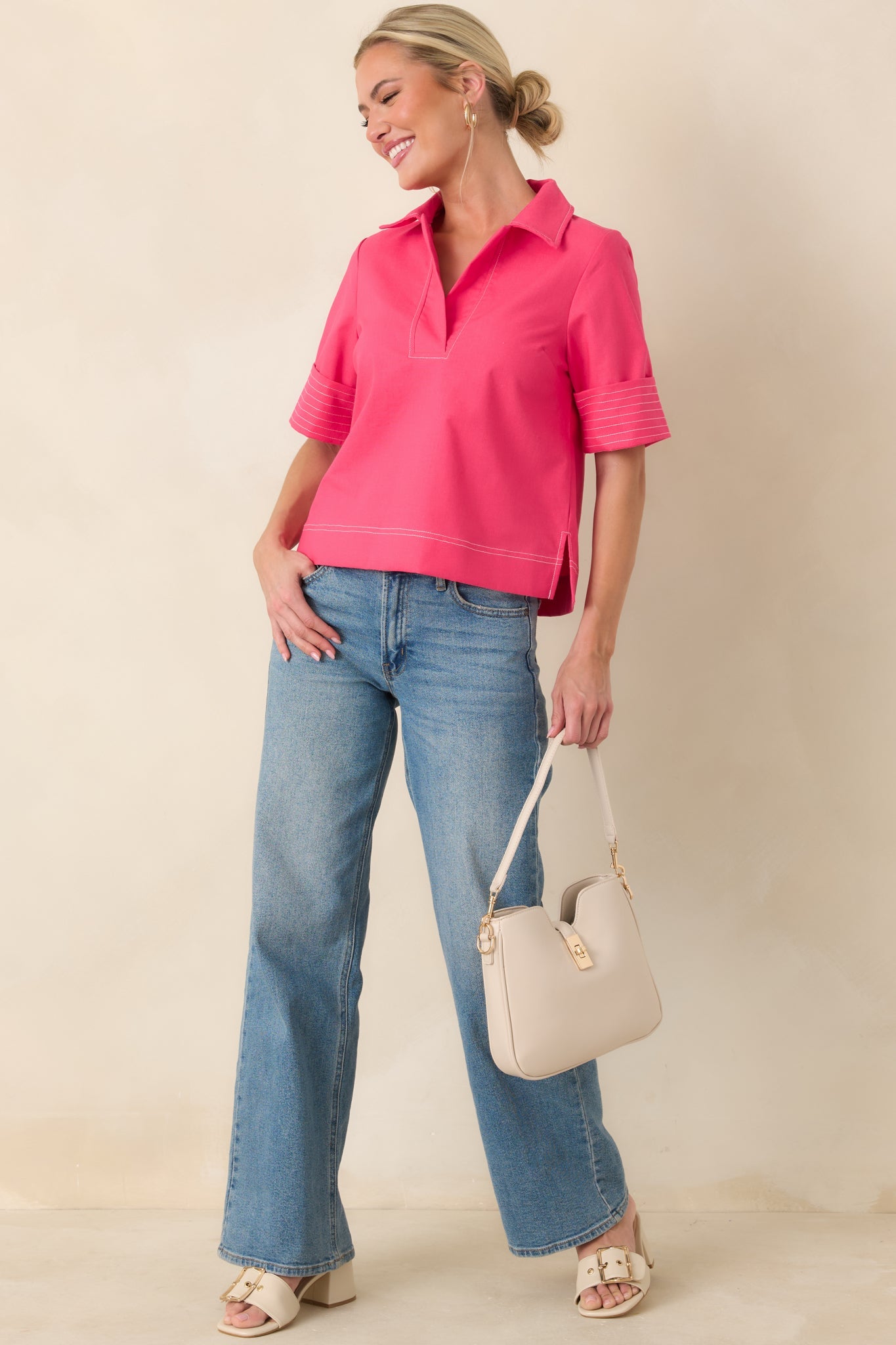 Color Me Confident Hot Pink Linen Blend V-Neck Top