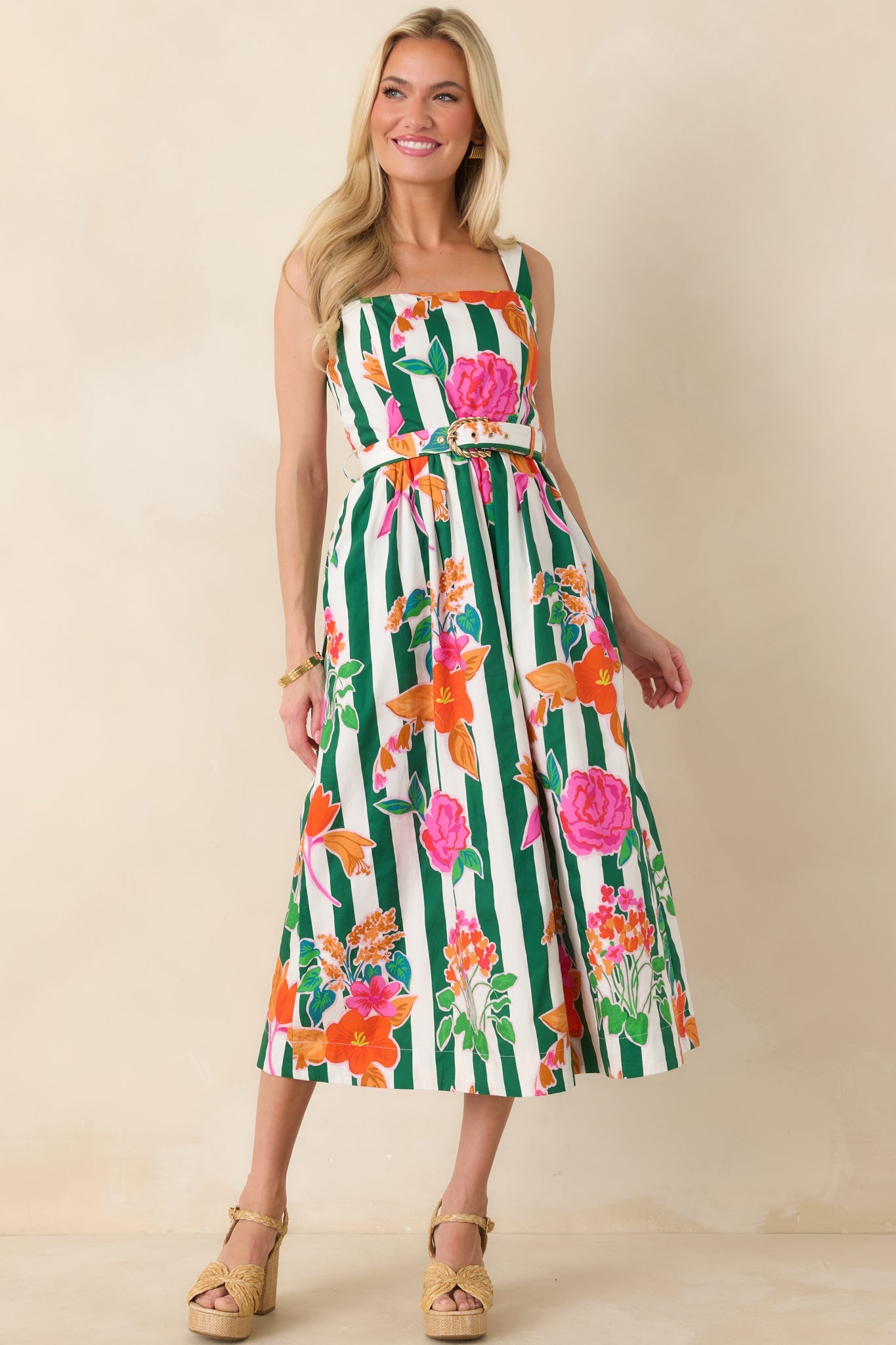 Prosperina Hampton Green Multi Floral Stripe Cotton Midi Dress
