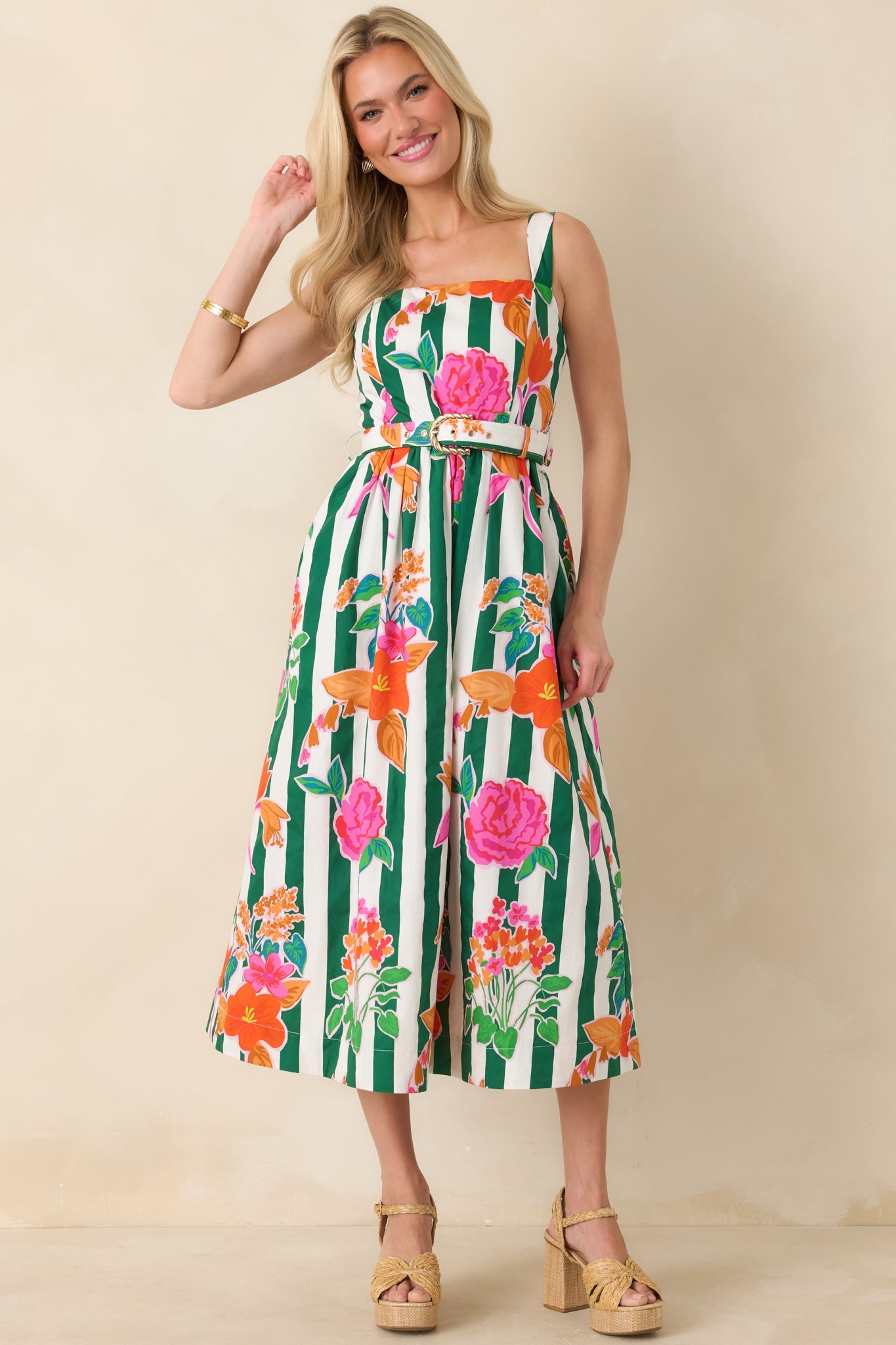 Prosperina Hampton Green Multi Floral Stripe Cotton Midi Dress