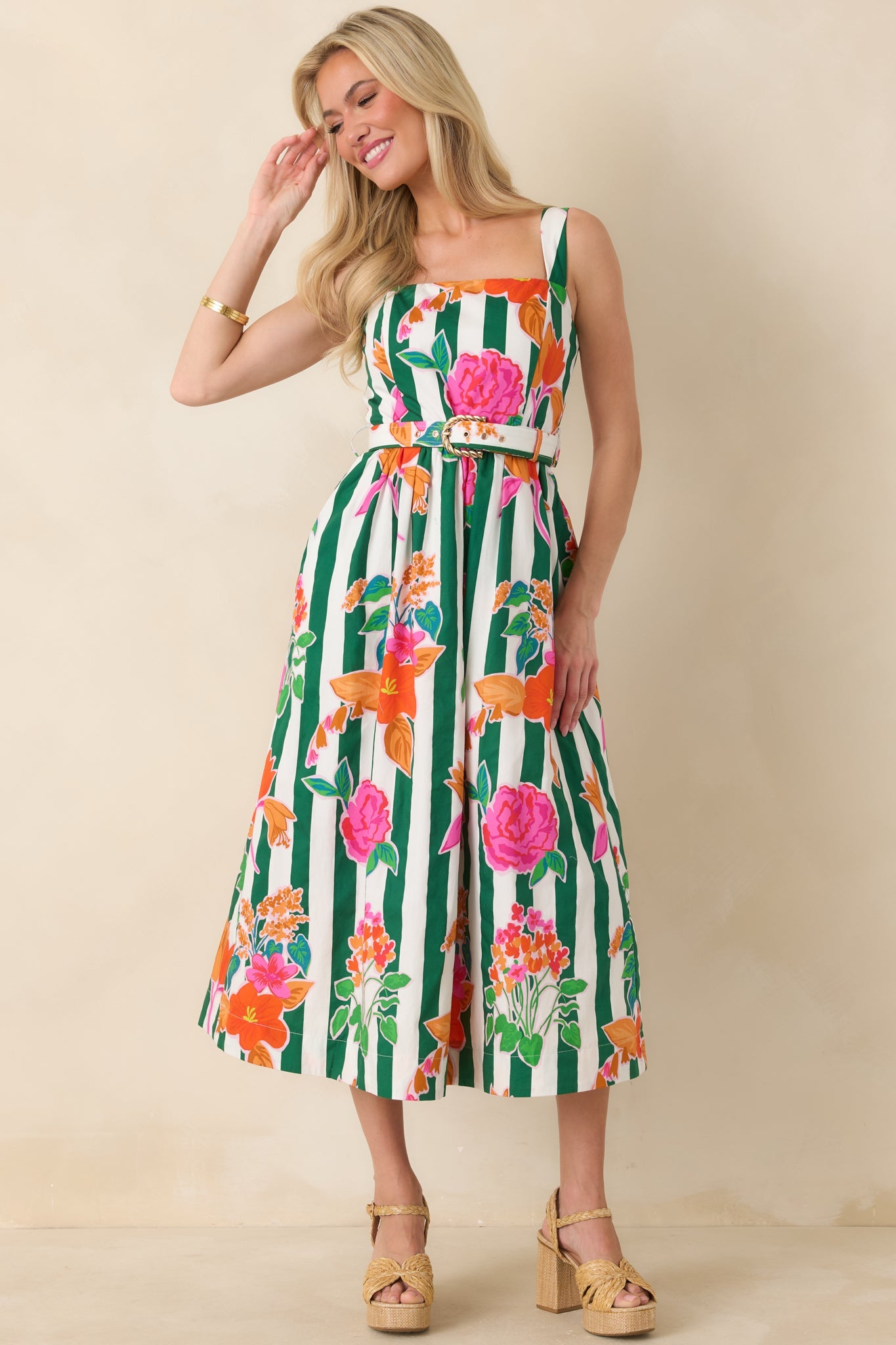 Prosperina Hampton Green Multi Floral Stripe Cotton Midi Dress