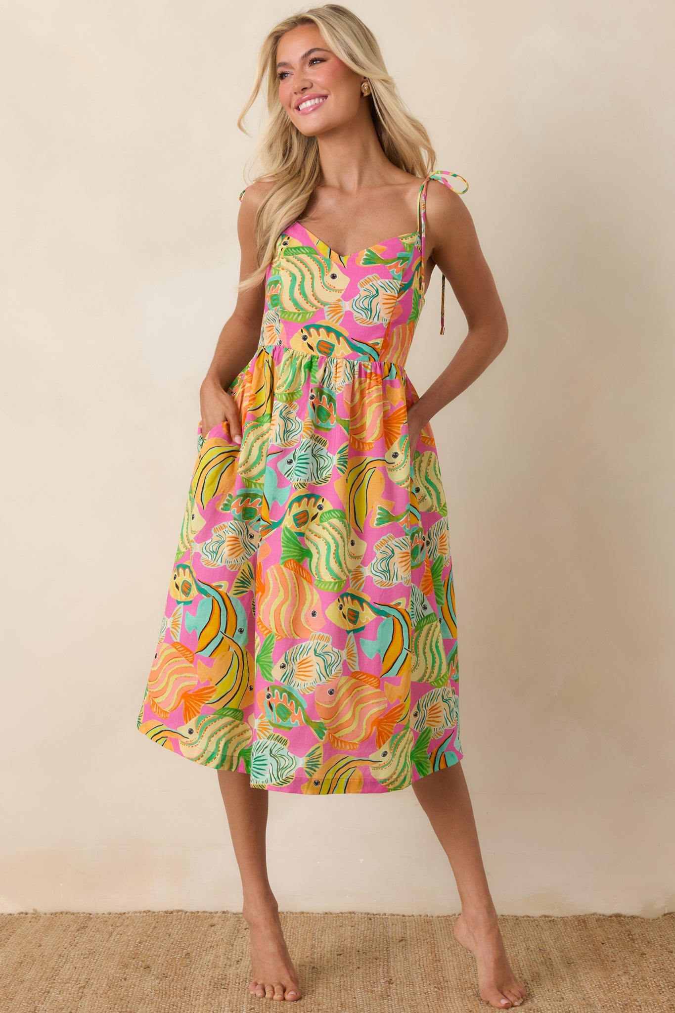 Paradisa Edgewater Pink Multi Cotton Fish Print Midi Dress
