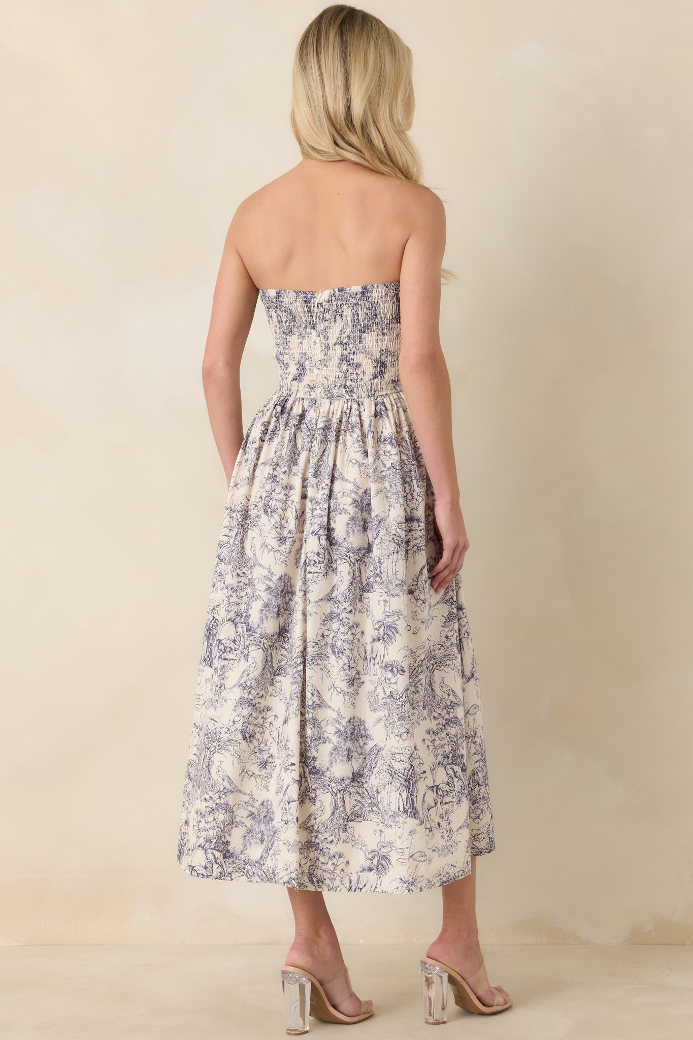The Genevieve Cotton Navy Blue Toile Strapless Midi Dress