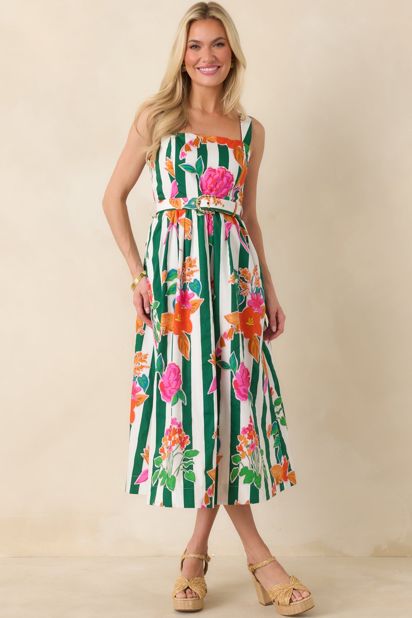 Prosperina Hampton Green Multi Floral Stripe Cotton Midi Dress
