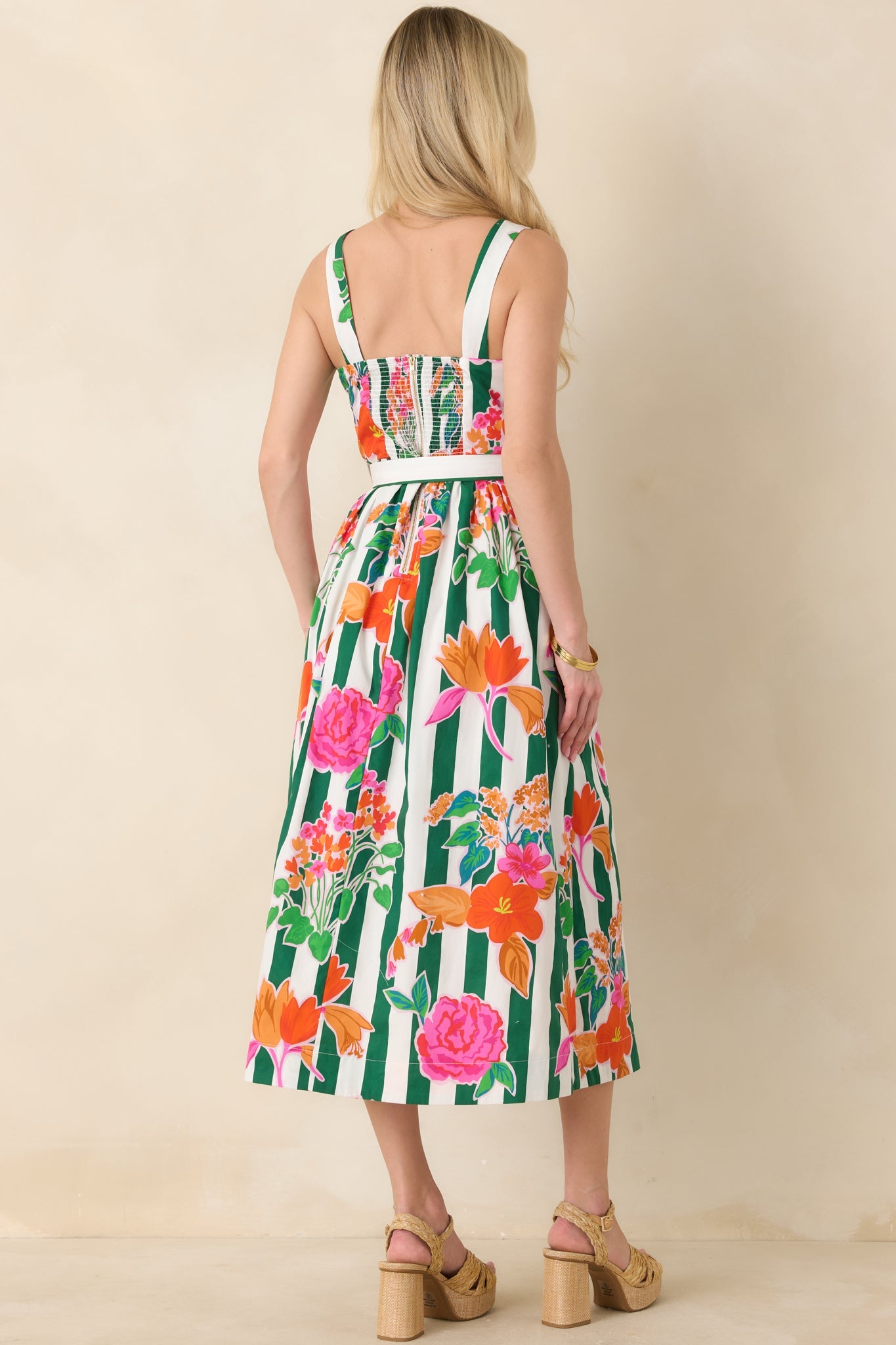 Prosperina Hampton Green Multi Floral Stripe Cotton Midi Dress