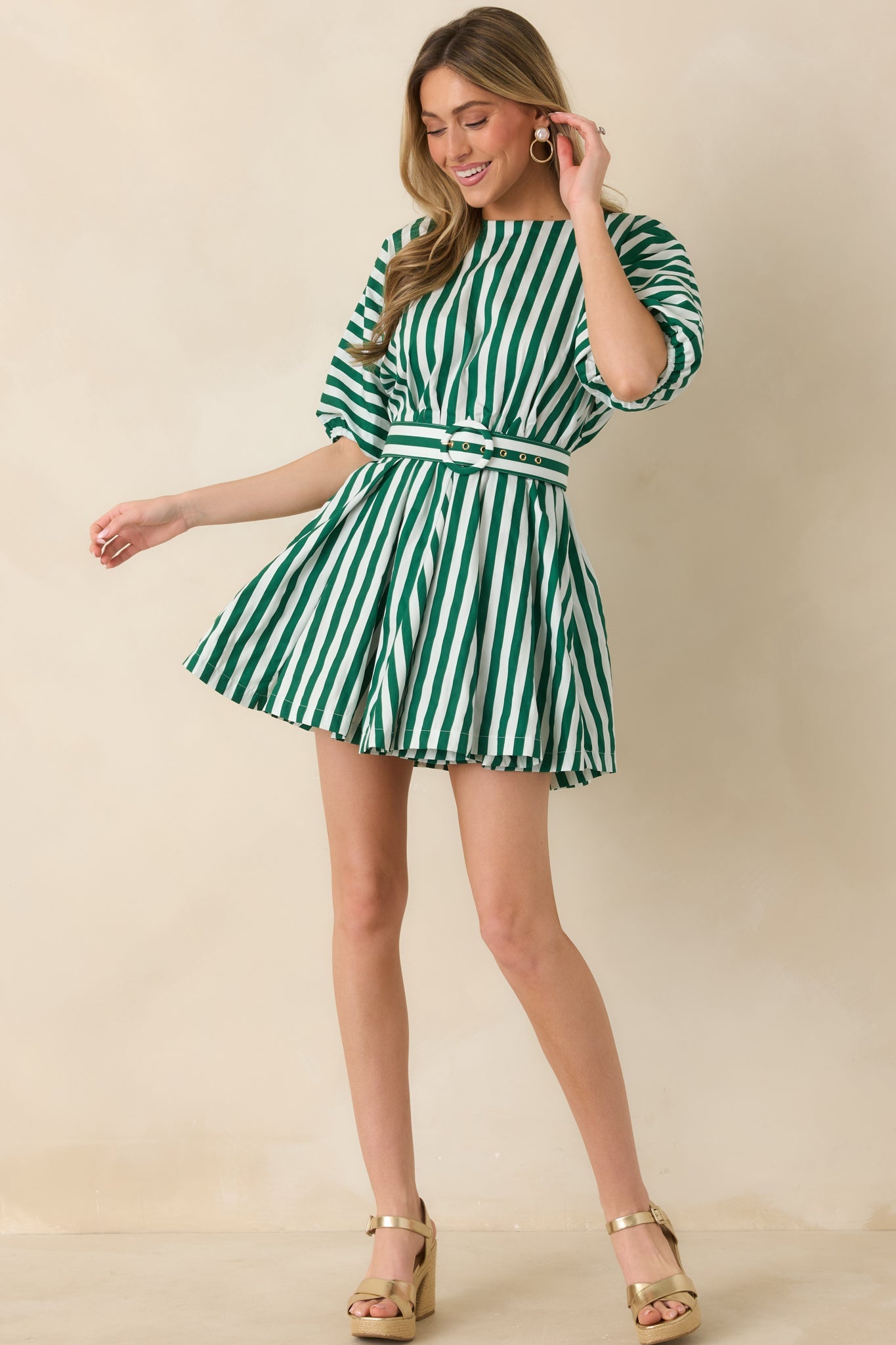 Prosperina Fallon Green Stripe Cotton Swing Dress
