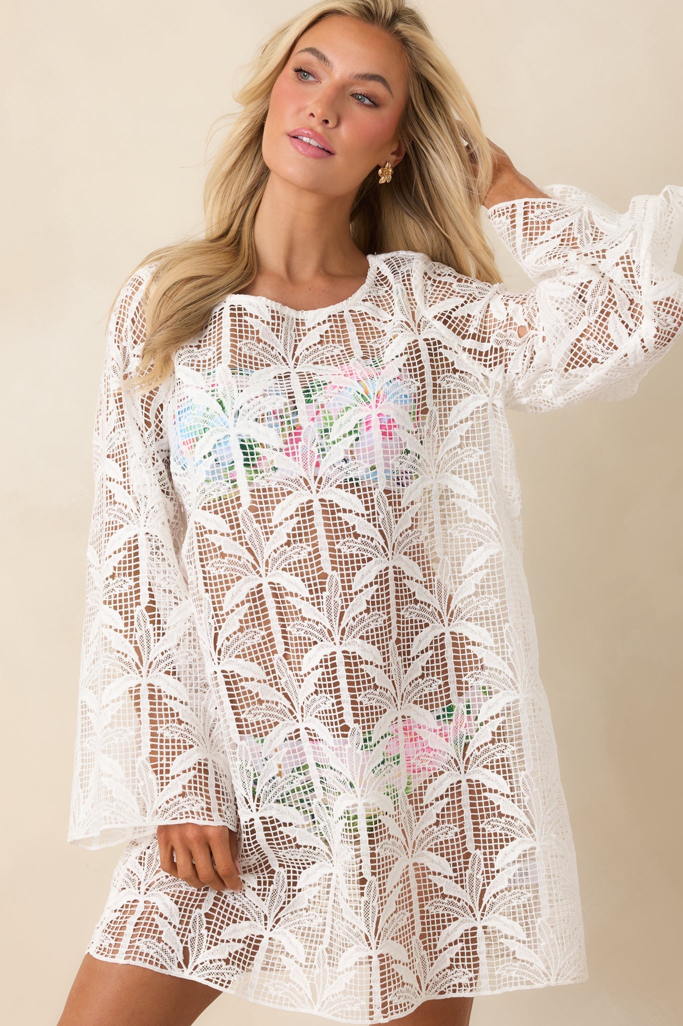 Paradisa Sea La Vie Ivory Sheer Lace Cover Up Mini Dress