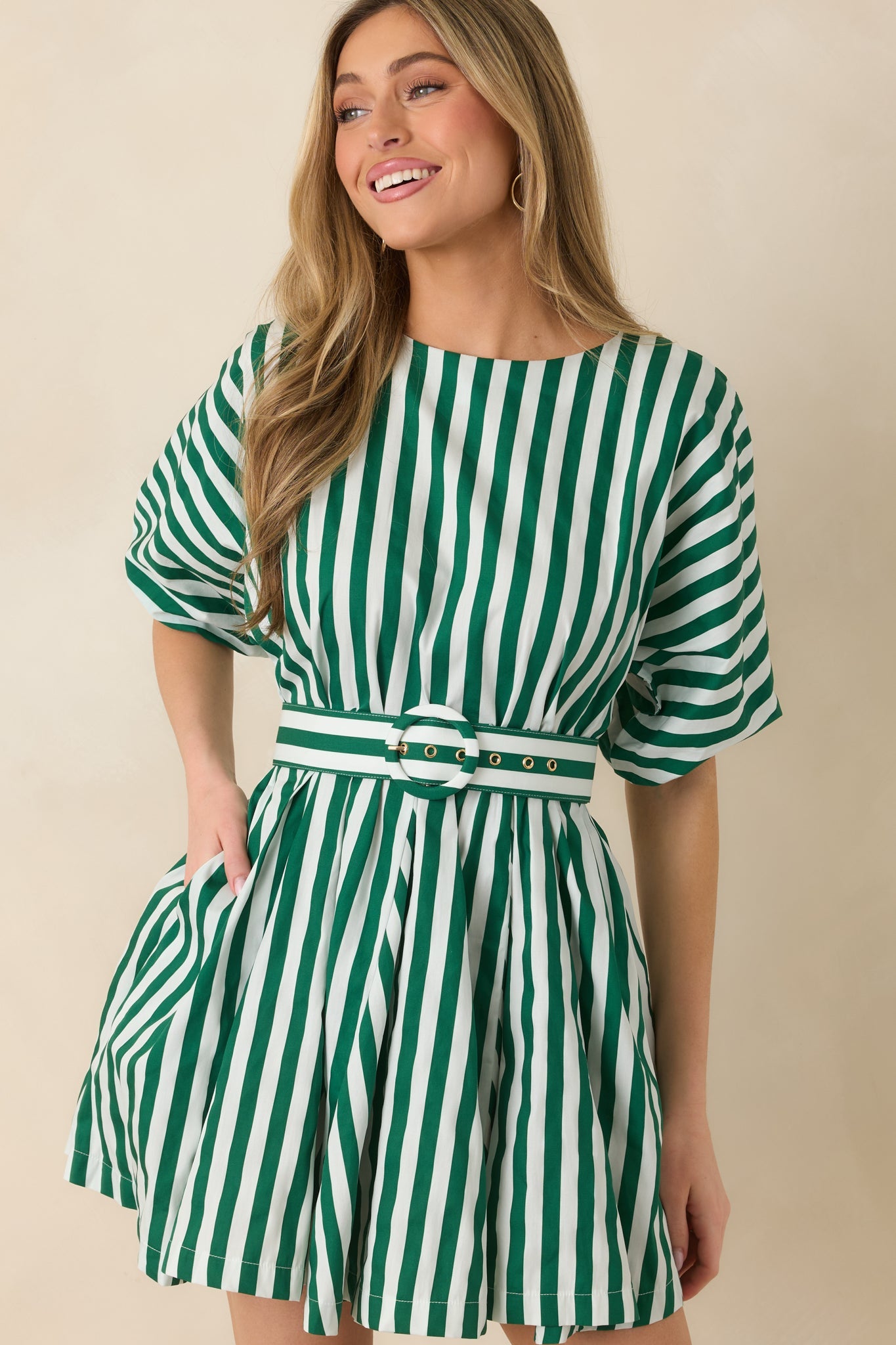 Prosperina Fallon Green Stripe Cotton Swing Dress
