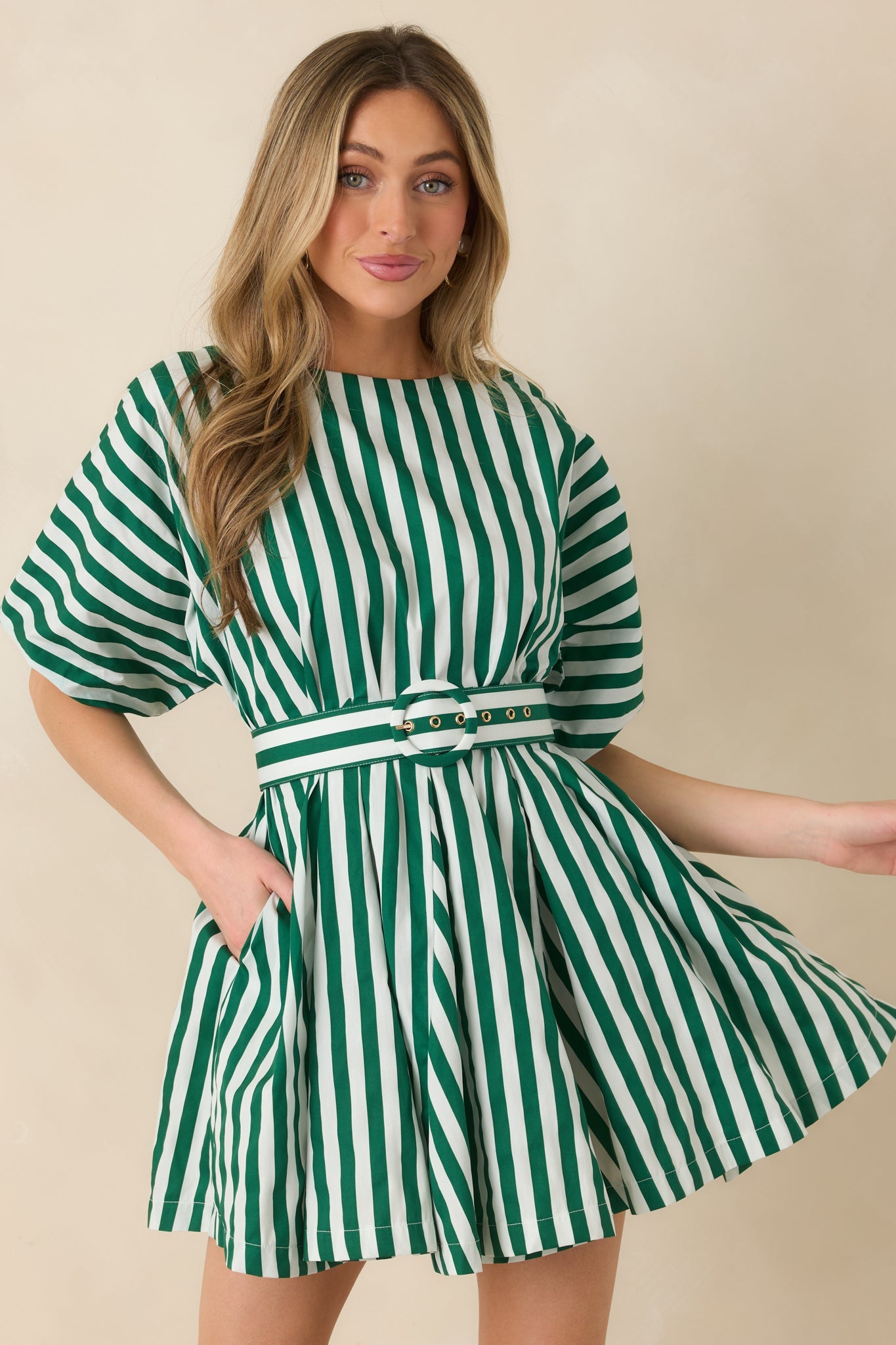 Prosperina Fallon Green Stripe Cotton Swing Dress