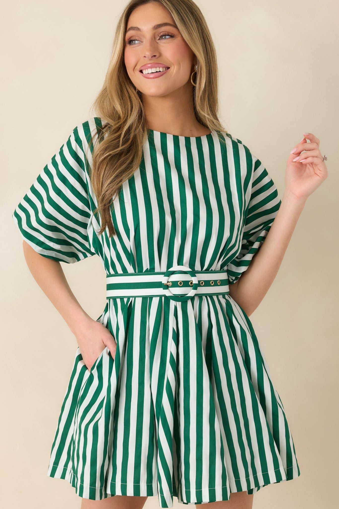 Prosperina Fallon Green Stripe Cotton Swing Dress