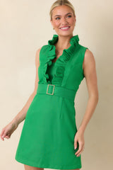 Prosperina Mercedes Green Cotton Ruffle Belted Mini Dress