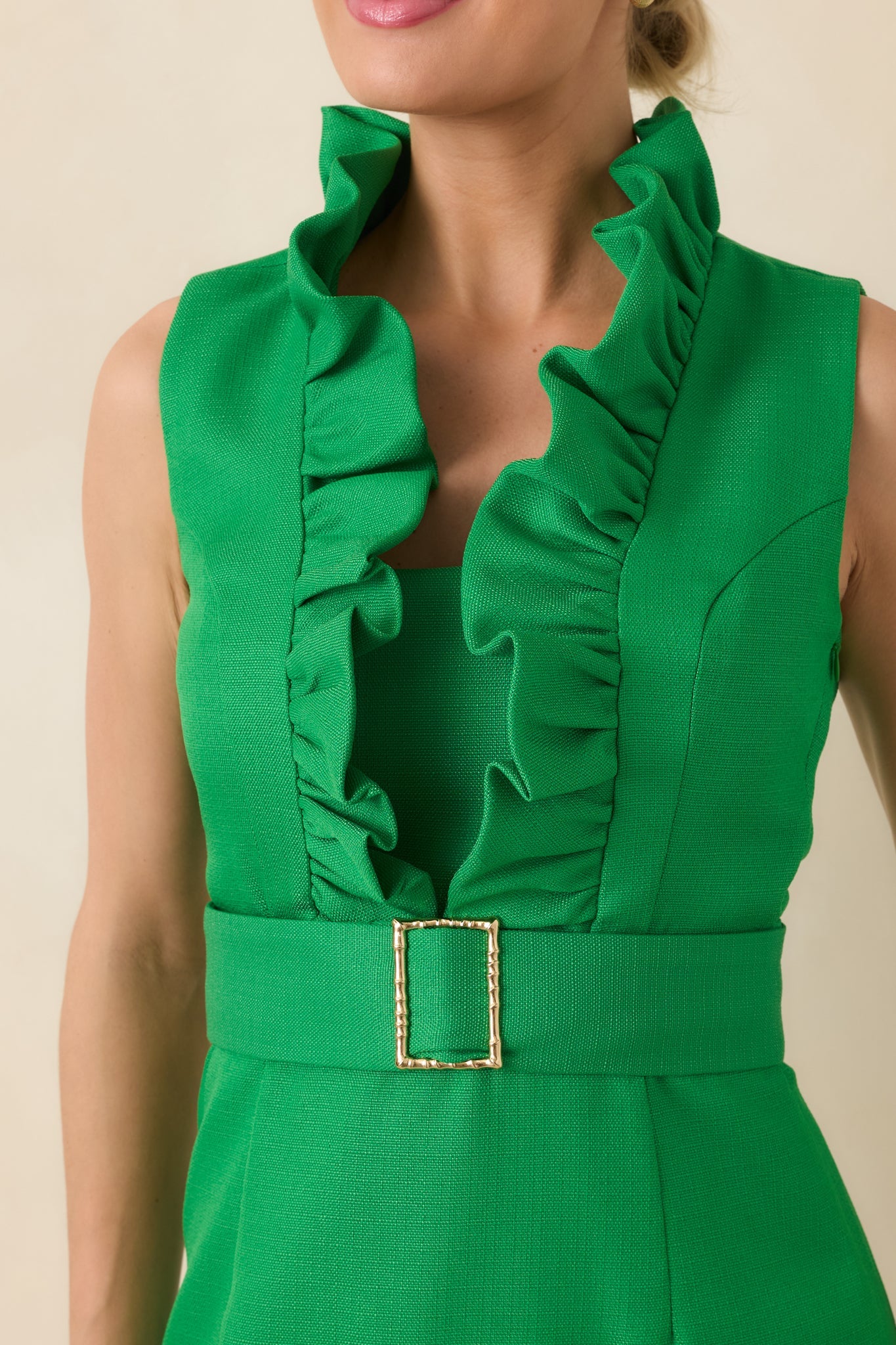 Prosperina Mercedes Green Cotton Ruffle Belted Mini Dress