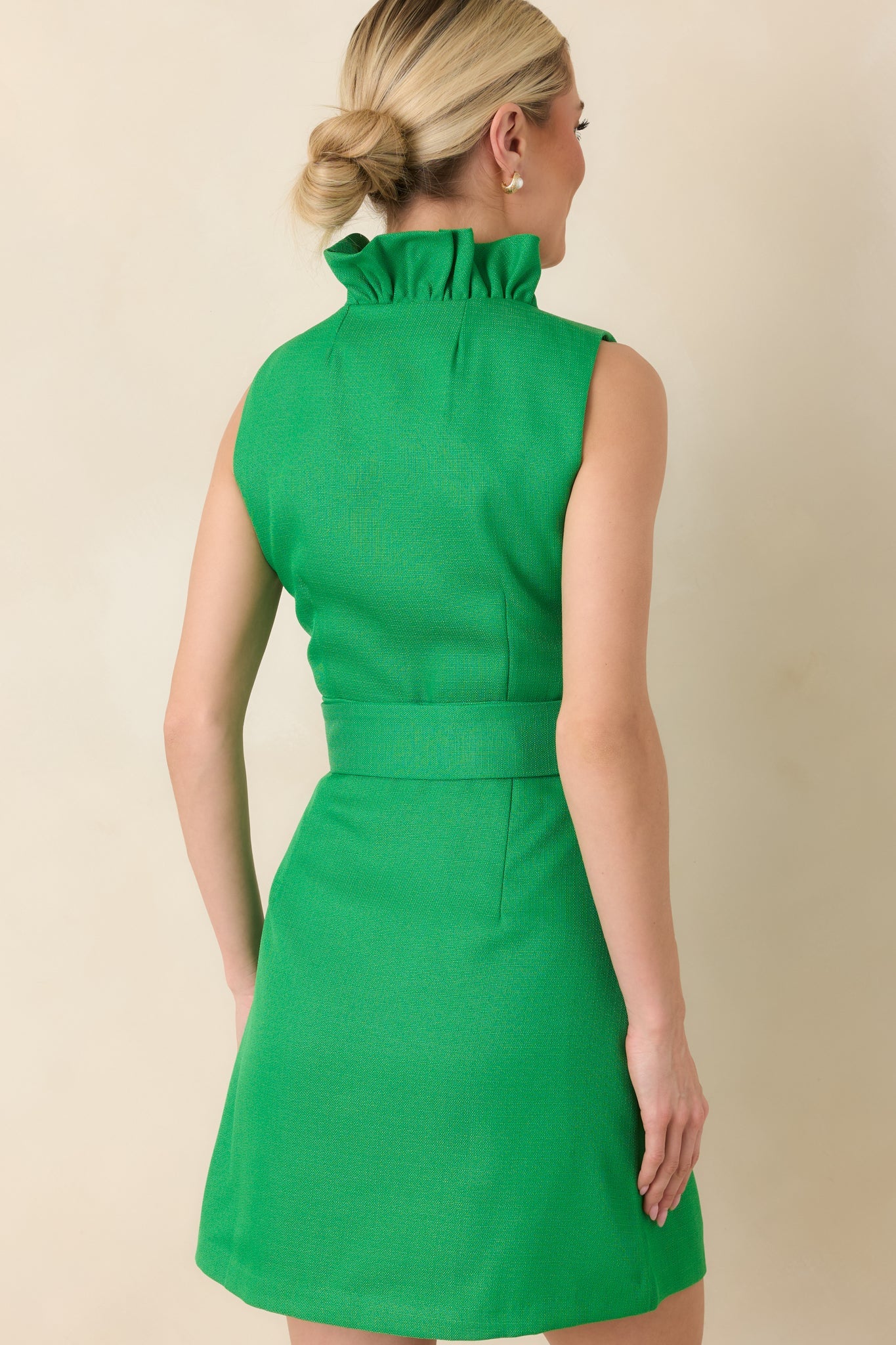 Prosperina Mercedes Green Cotton Ruffle Belted Mini Dress